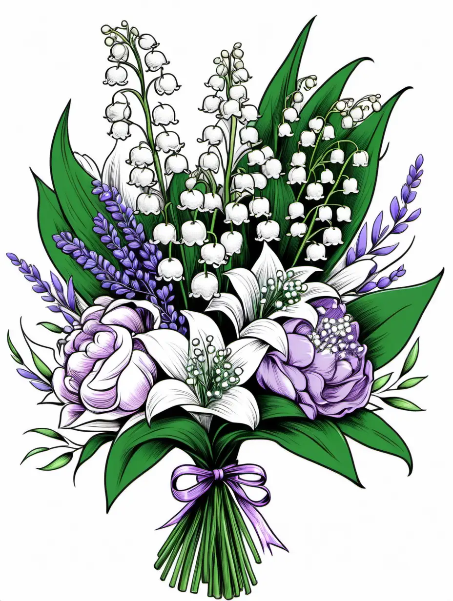 harmonious color infused line art bouquet of lily of the valley with accents such as peonies, lavender, freesias, and eucalyptus leaves.