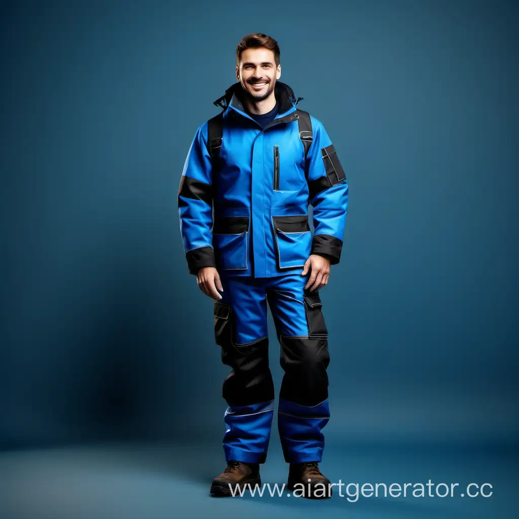 very insulated modern beautiful workwear, handsome man smile, black and blue, 8k, front view, full-length