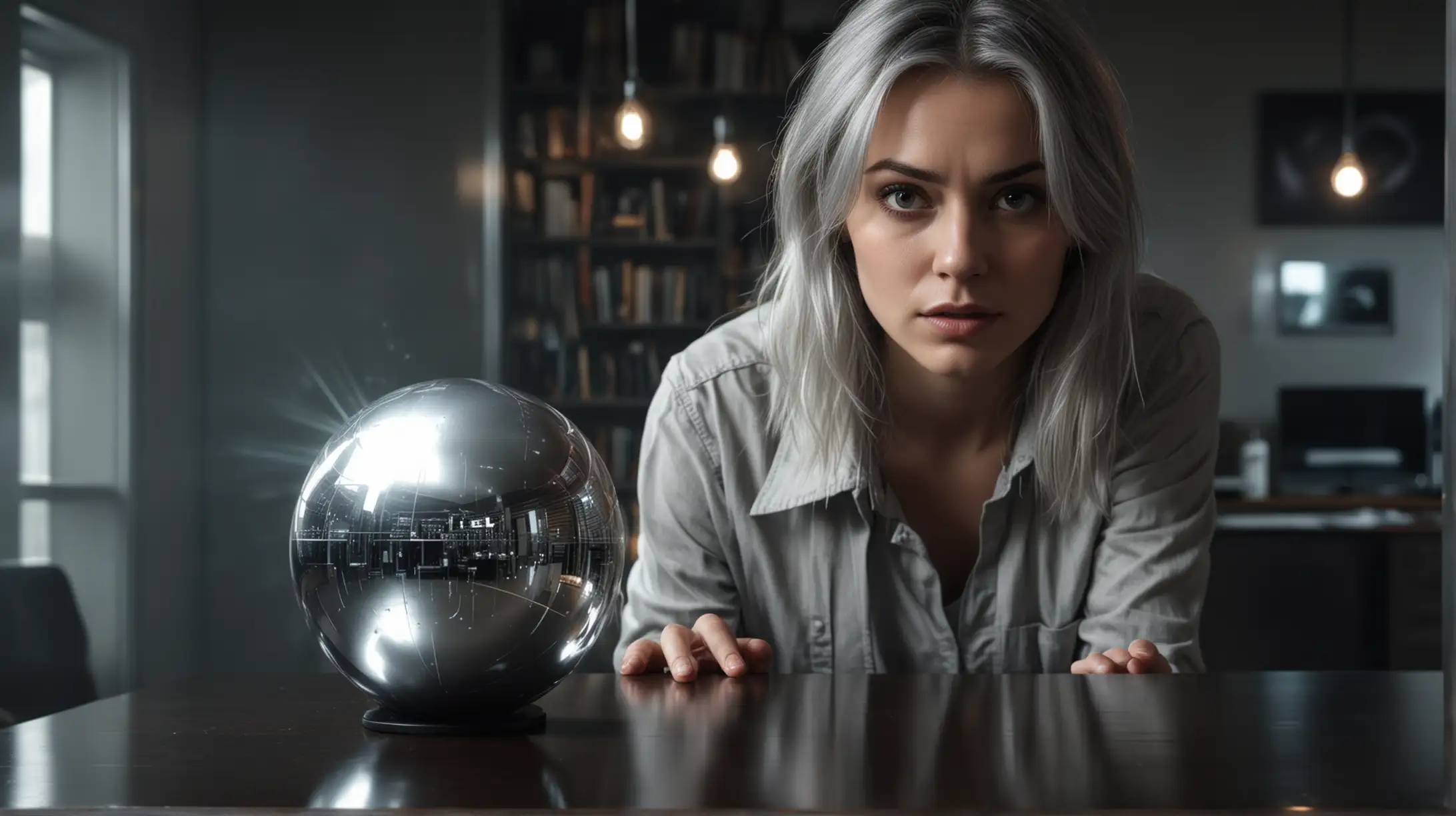 A silver orb sitting on a desk. A photo real contemporary woman in casual clothes in the reflection staring in awe. science fiction Movie poster. Genre dark movie poster. scary. 