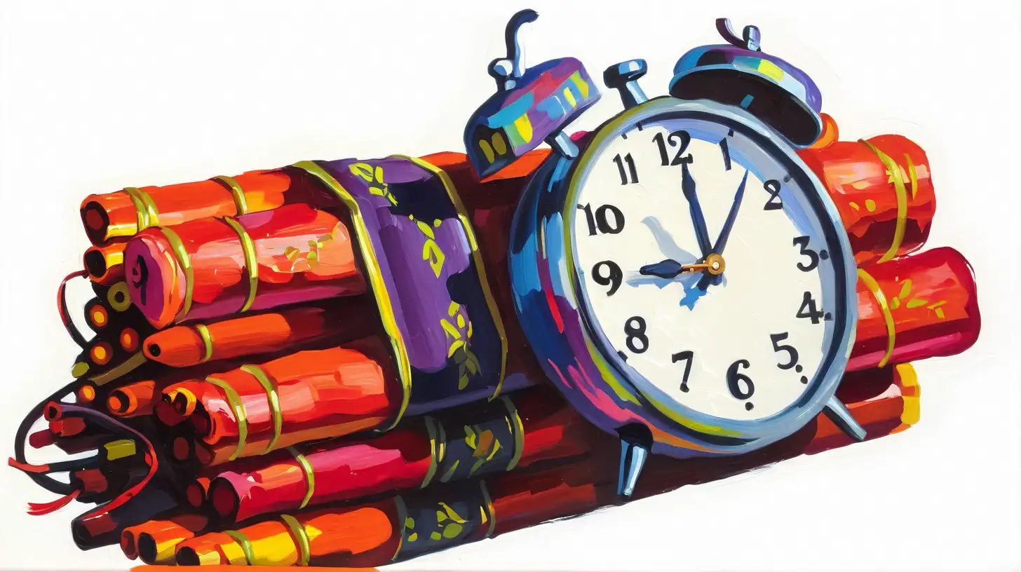 painting of a bundle of dynamite sticks, with a clock attached, fauvism style, broad brush strokes, colorful dark background