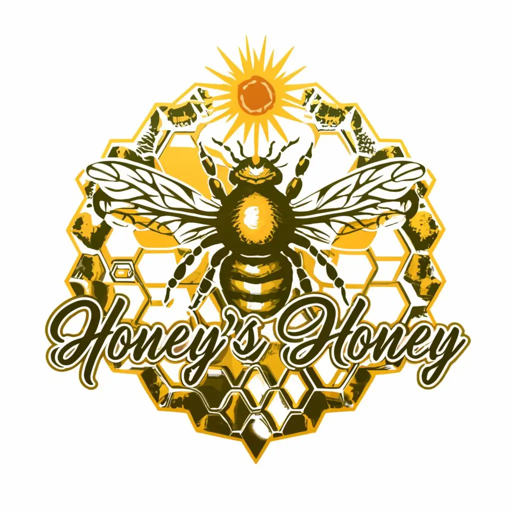 a logo design, with the text 'Honey’s Honey', main symbol: Bee, Sun, Honey, Golden, complex, clear background