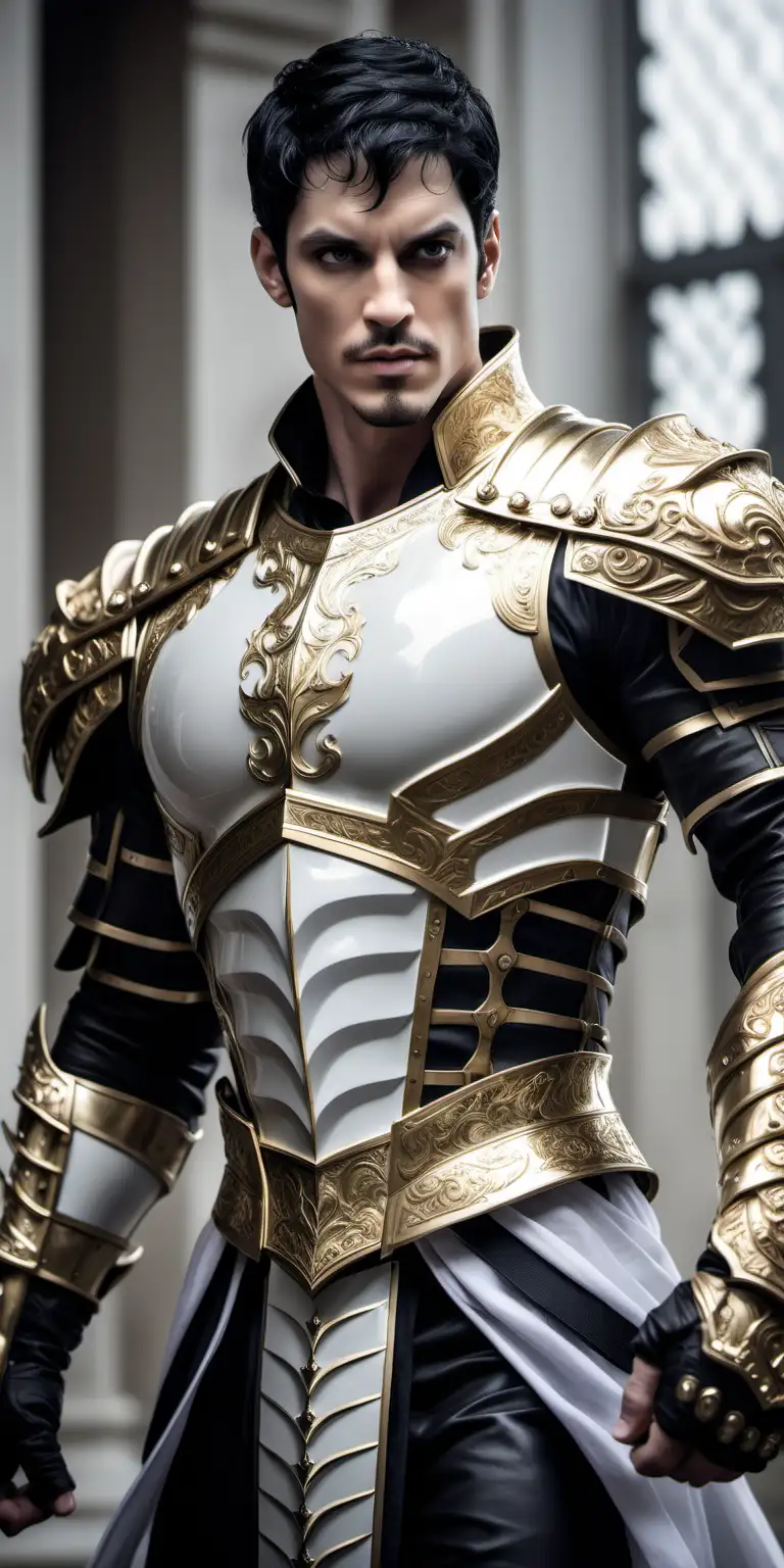 Fantasy male, prince, strong jaw, thirty years old, handsome, pale gray eyes, short black hair, white palace, strong, white and gold metal armor, muscular,