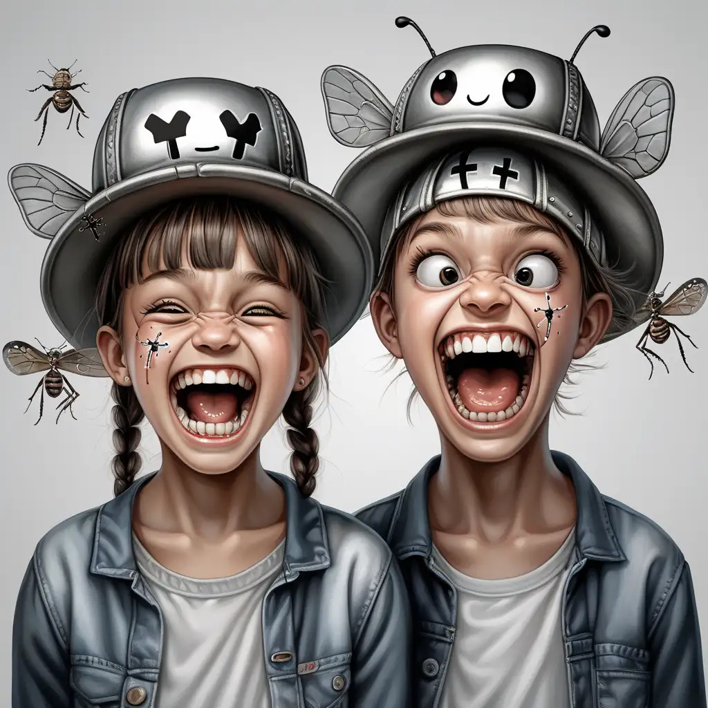 Create a NFT
two flying heads next to each other.

Head 1. 
Girl, laughing, with a hat on her head, two crosses in front of her eyes,
Head 2. 
Boy, crying, hat on head, two crosses for eyes, rotten teeth, insects on face.
Heads in cirkels, silver background.