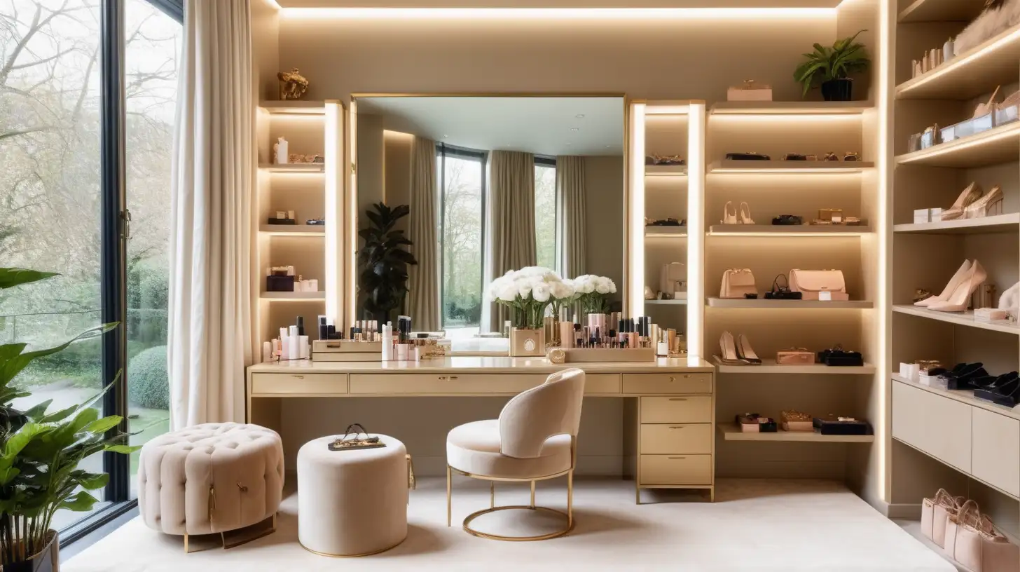 Modern Parisian beauty and dressing room; vanity table with lights and suede chair; brass shelving with beauty products and designer bags and shoes; floor to ceiling windows surrounded by lush gardens; beige, light oak, brass colour palette