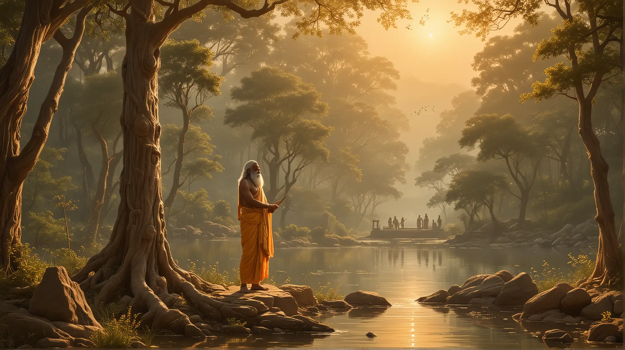 Generate Valmiki, the revered sage in standing position amidst the tranquil surroundings of his ashram. The scene is illuminated by a soft, golden light, symbolizing the divine inspiration bestowed upon him by Brahma. Valmiki's expression is one of profound concentration and introspection as he gazes into the distance, his eyes reflecting the inner vision granted to him by the divine. In the background, ethereal imagery evokes the timeless story of Rama, with symbols representing key moments from the epic tale subtly woven into the landscape. A sense of sacredness and reverence permeates the scene, capturing the moment of Valmiki's revelation as he begins to compose the immortal verses of the Ramayana  in multiple poses.