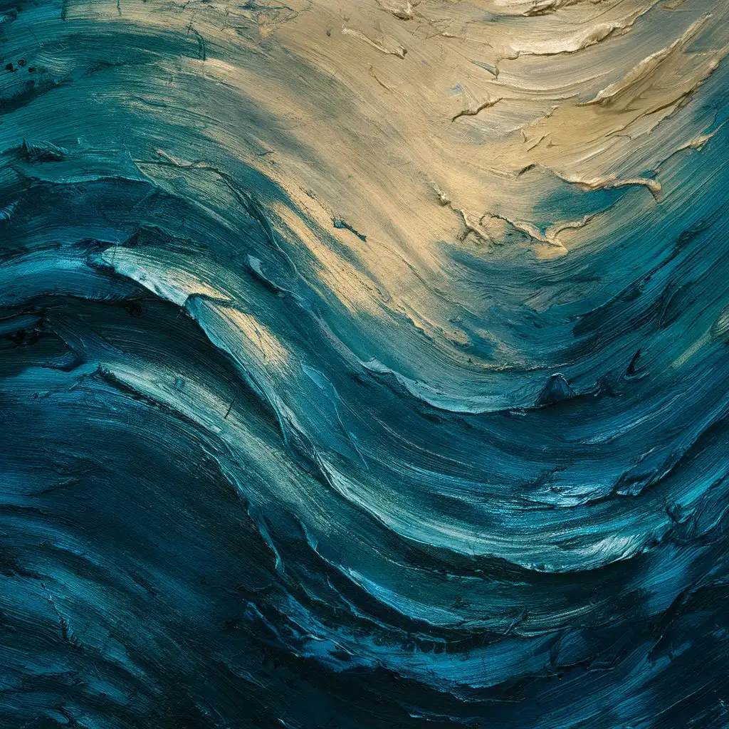 A close-up of textured brushstrokes on a canvas in shades of blue and gold.