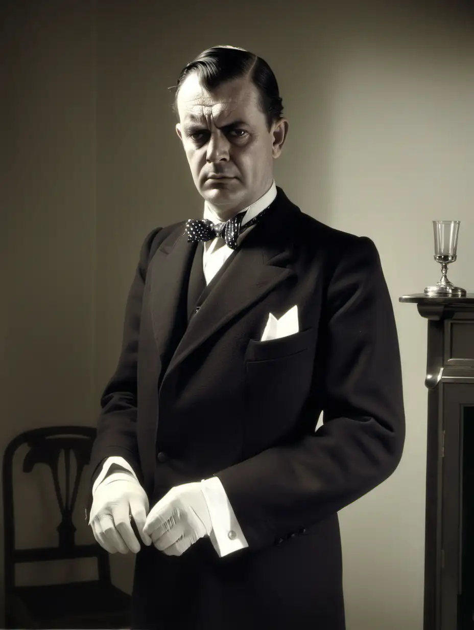 British butler from the 1940s looking sad