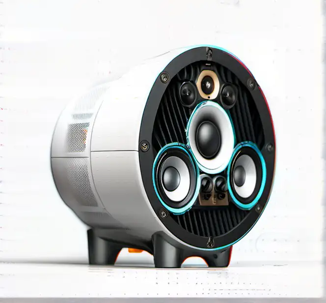 industrial design of one speaker with a woofer hidden by 3 tweeters, photorealistic,