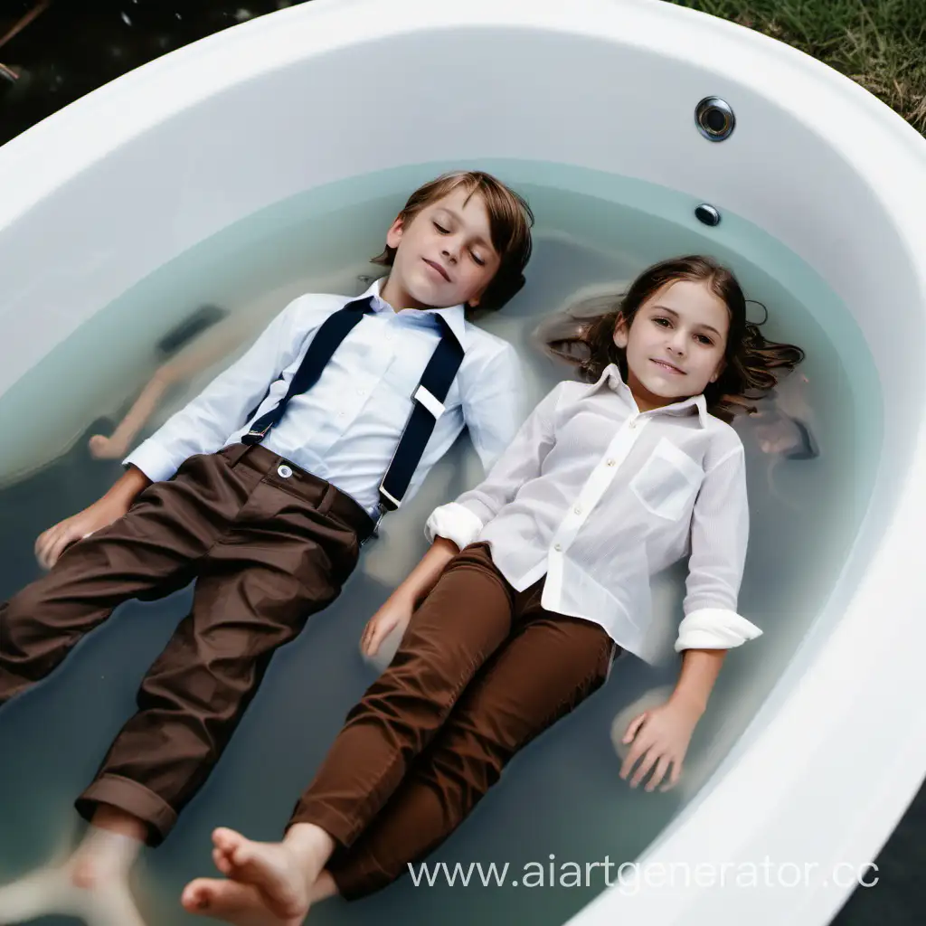 8 year old boy in shirt, brown trousers, suit jacket, sneakers and 8 year old girl in shirt and white jeans laying on bacl in tub of water