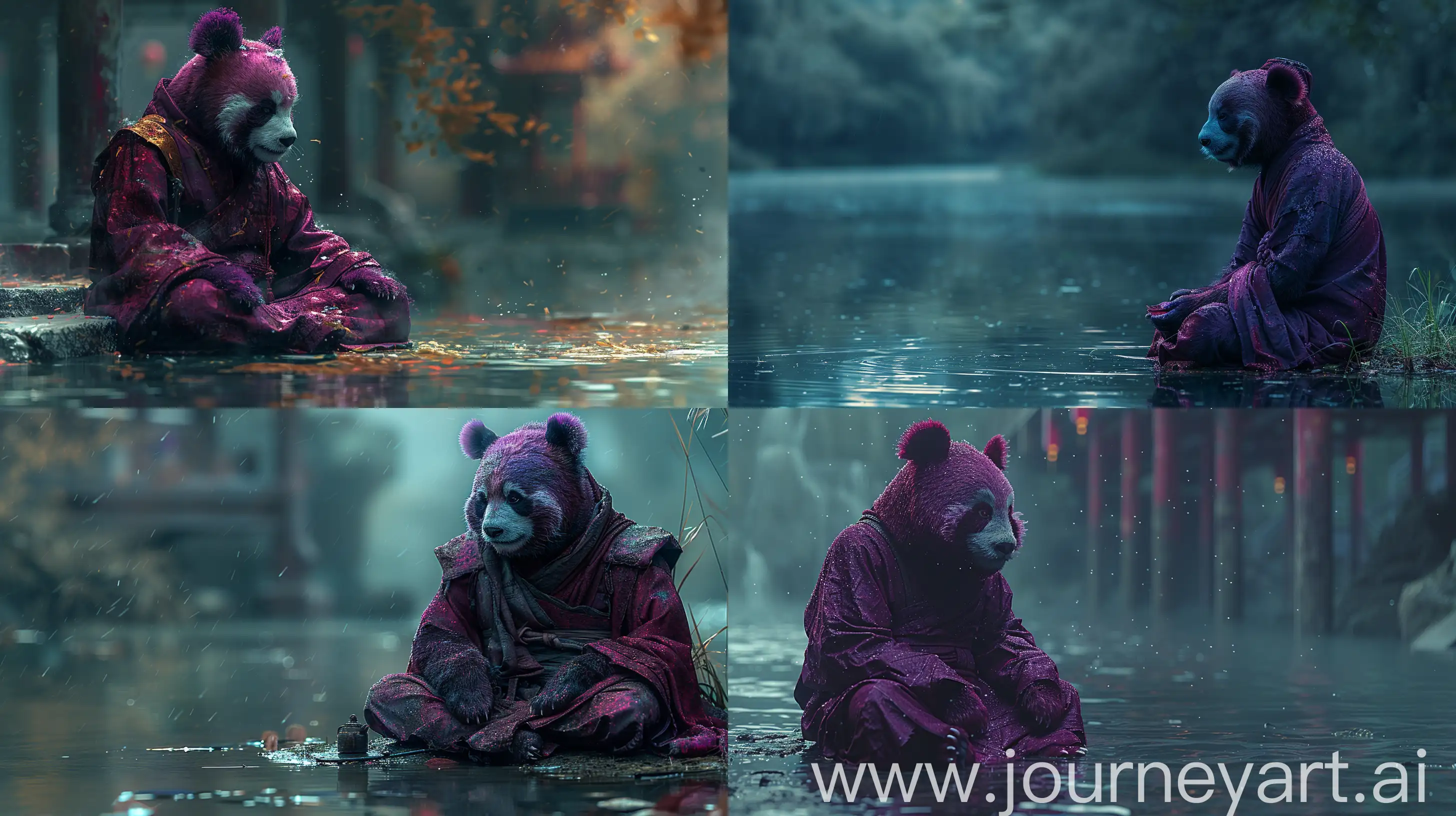 a purple panda monk sitting by the water, in the style of casey weldon, ben templesmith, colorful turbulence, dao trong le, dark cyan and maroon, high resolution, gutai group, high resolution, depth of field --ar 16:9 --s 750 