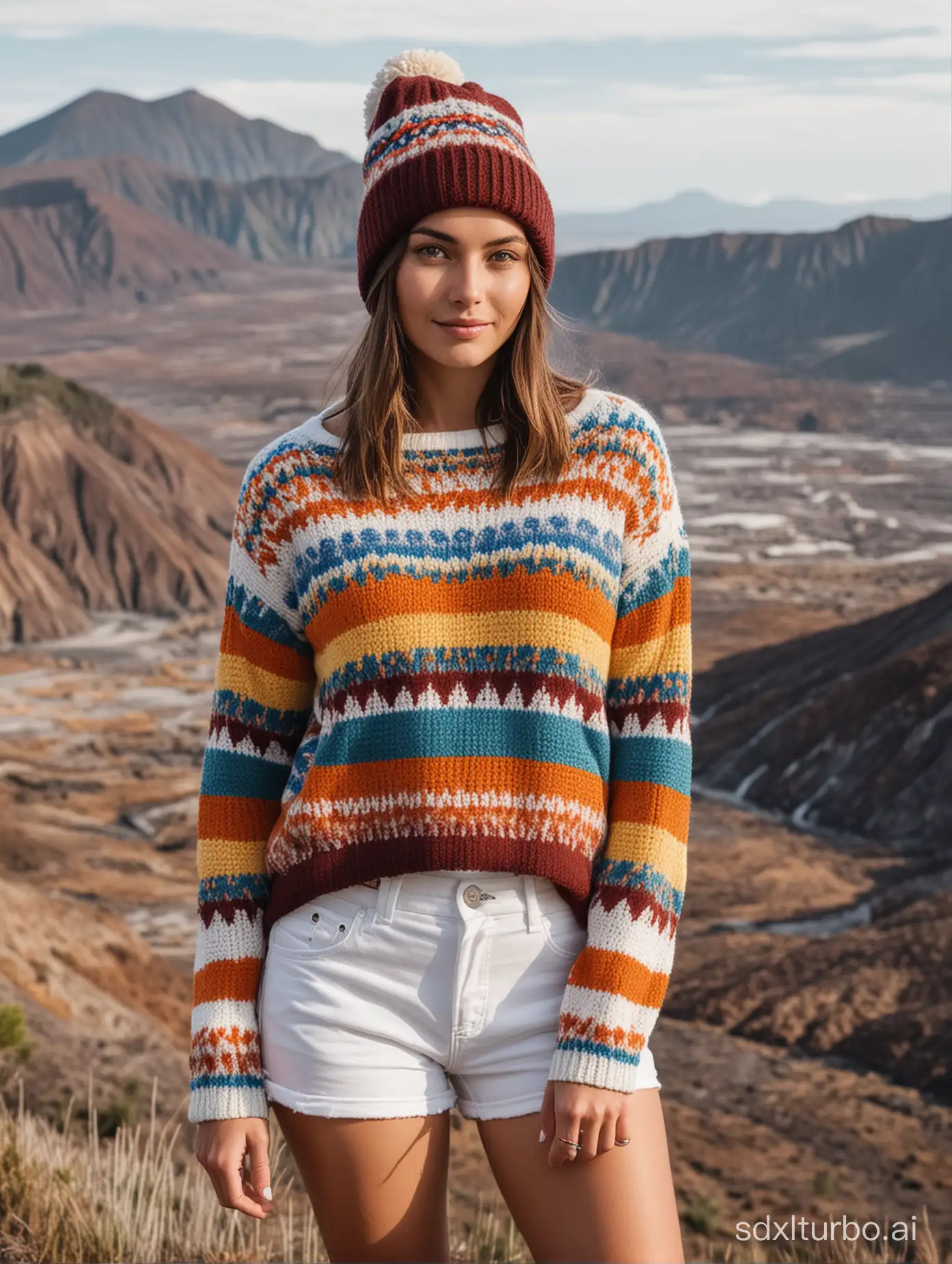 medium brown haired woman, slim body, small breast, wearing colorful oversized crotchet sweater, wearing a beanie, wearing a white short pants, wearing sneakers, standing on a higher ground, down below is mount Bromo as background