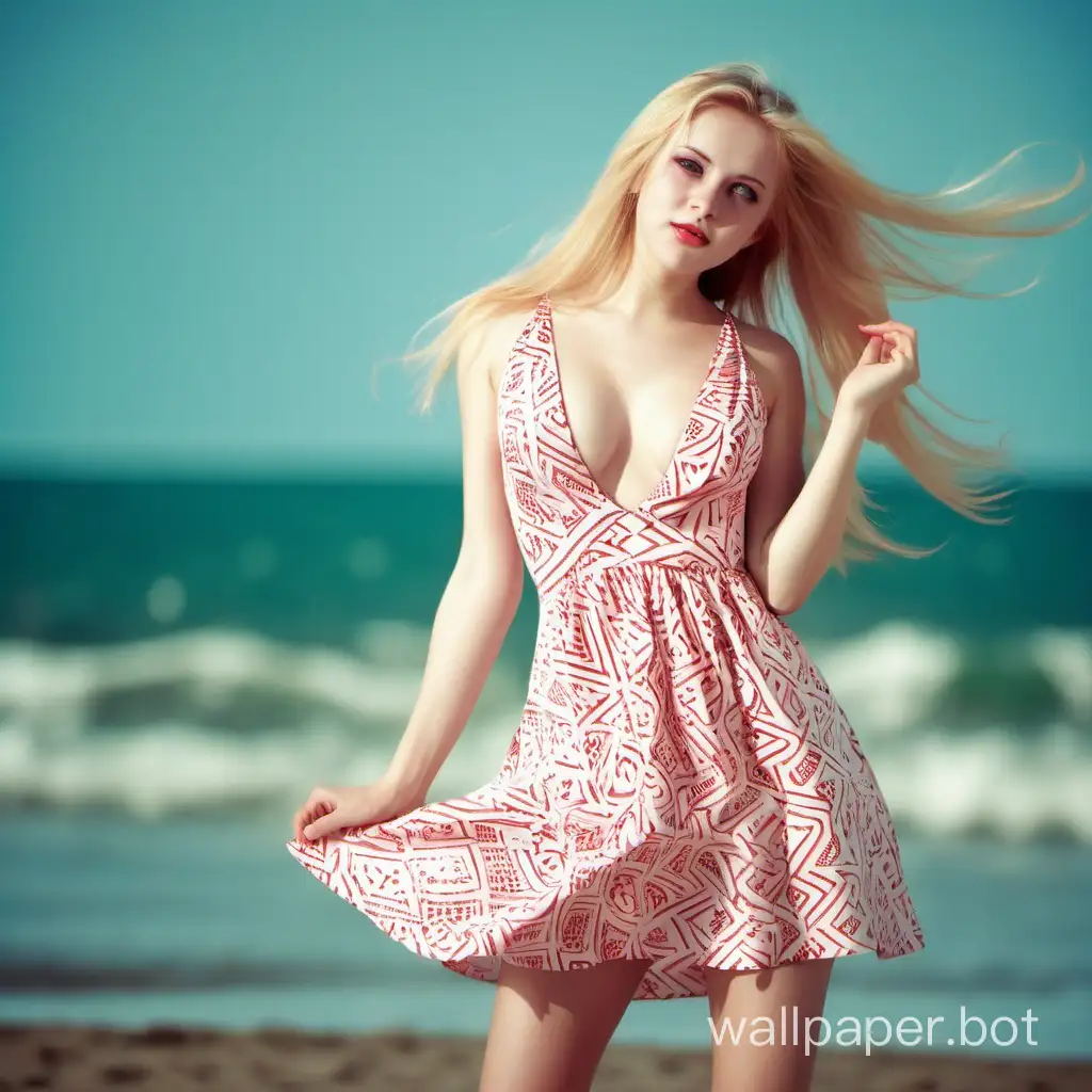Girl, Russian, 25 years old, blonde, pink tips of hair, green eyes, full-body shot, in a short red and white dress, dress with a pattern, the dress has a plunging neckline revealing a large chest, hair straight and blowing in the wind, girl against a beach background with no people and blue sea, girl facing the light, girl posing, playing with hair