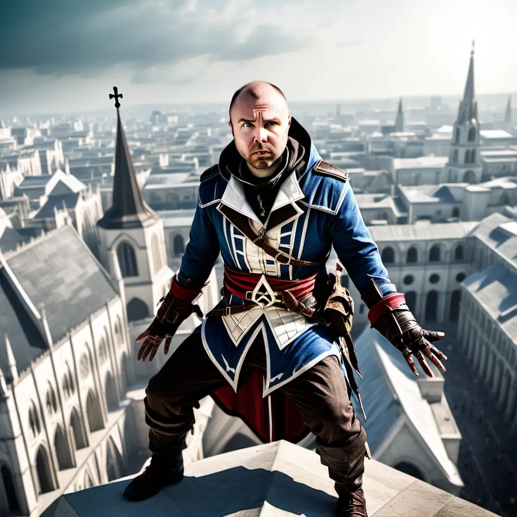 Karl pilkington wearing assassins creed outfit on top of a cathedral 