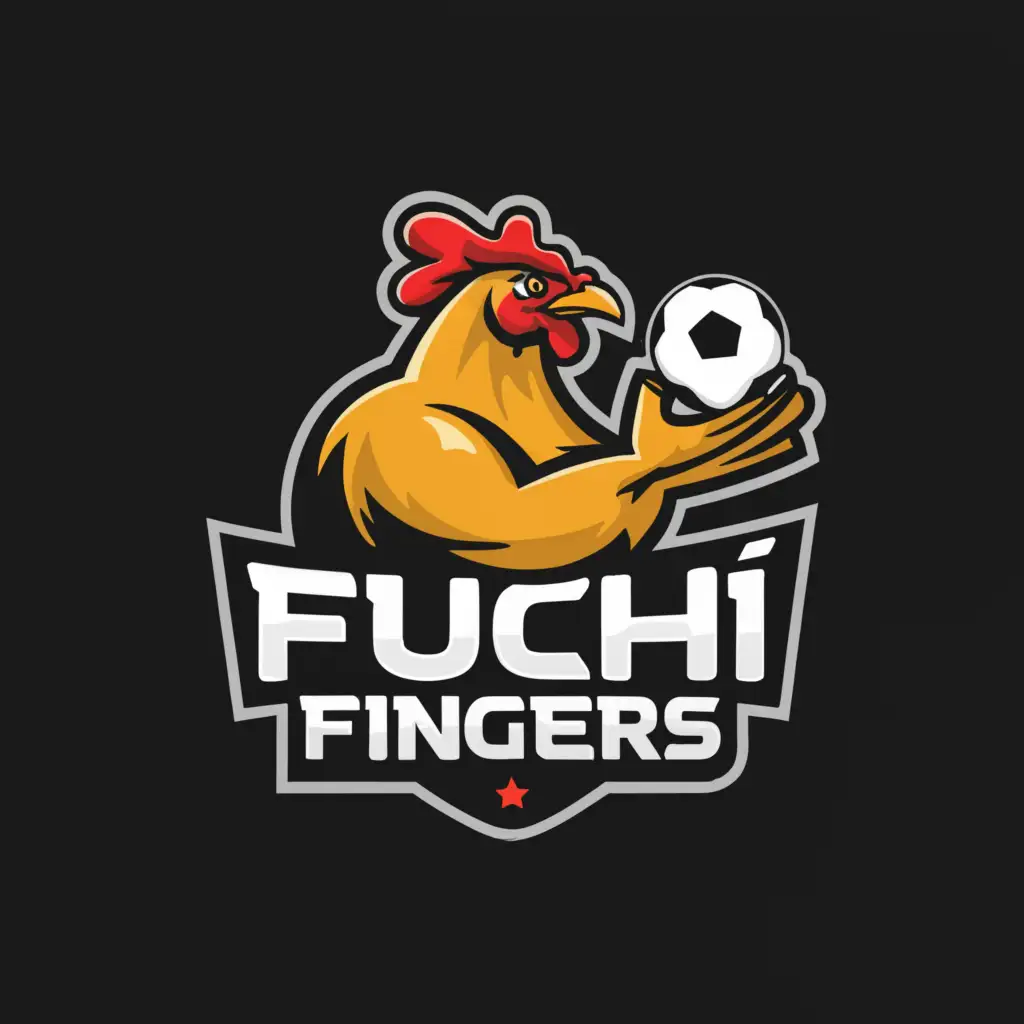a logo design,with the text 'Fuchi fingers', main symbol:A big and muscular chicken with a soccer ball,Minimalistic,be used in Restaurant industry,red background