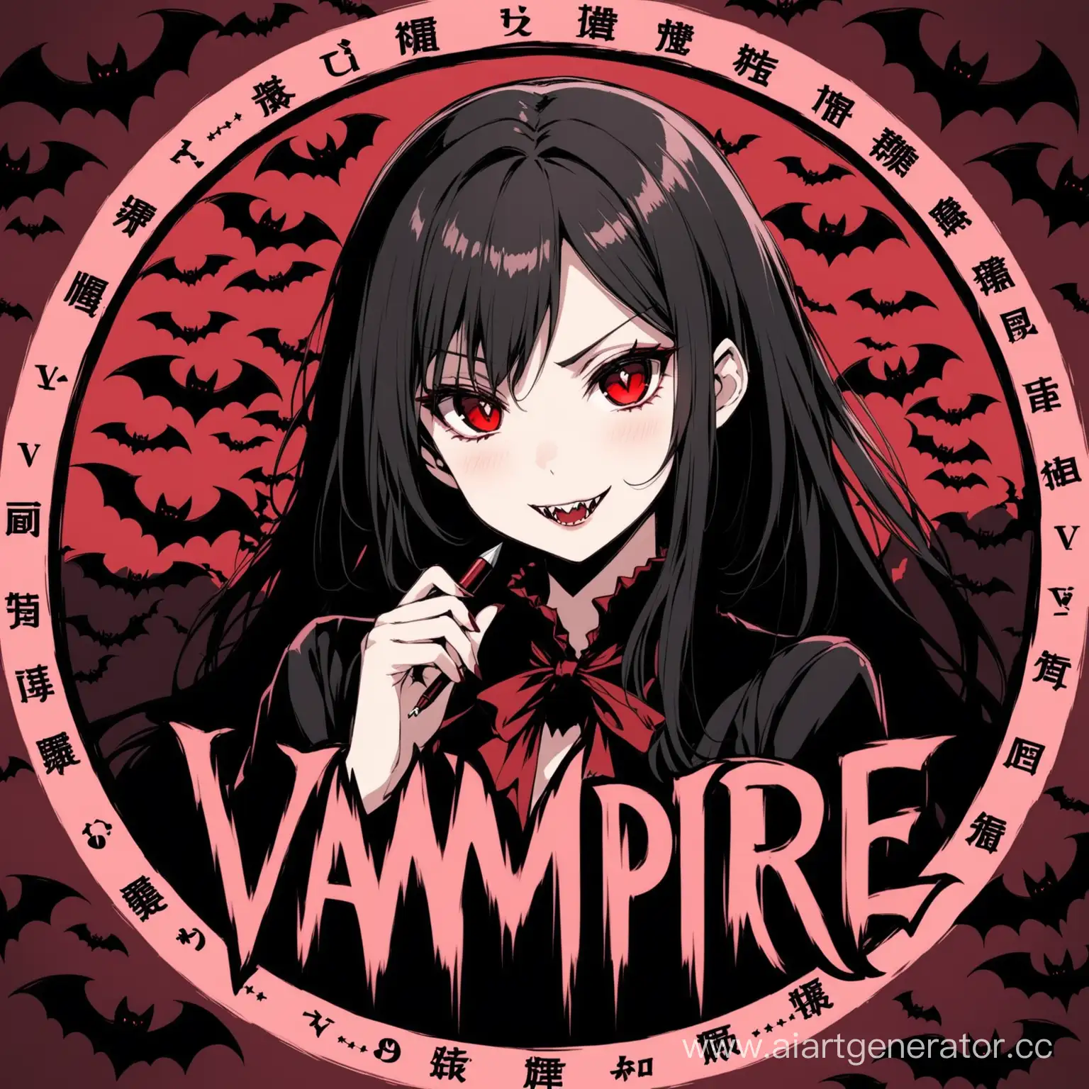 Anime vampire woman, dark tones, bats in the background, circle the girl and the inscription with an outline, write the word in the middle - VV83