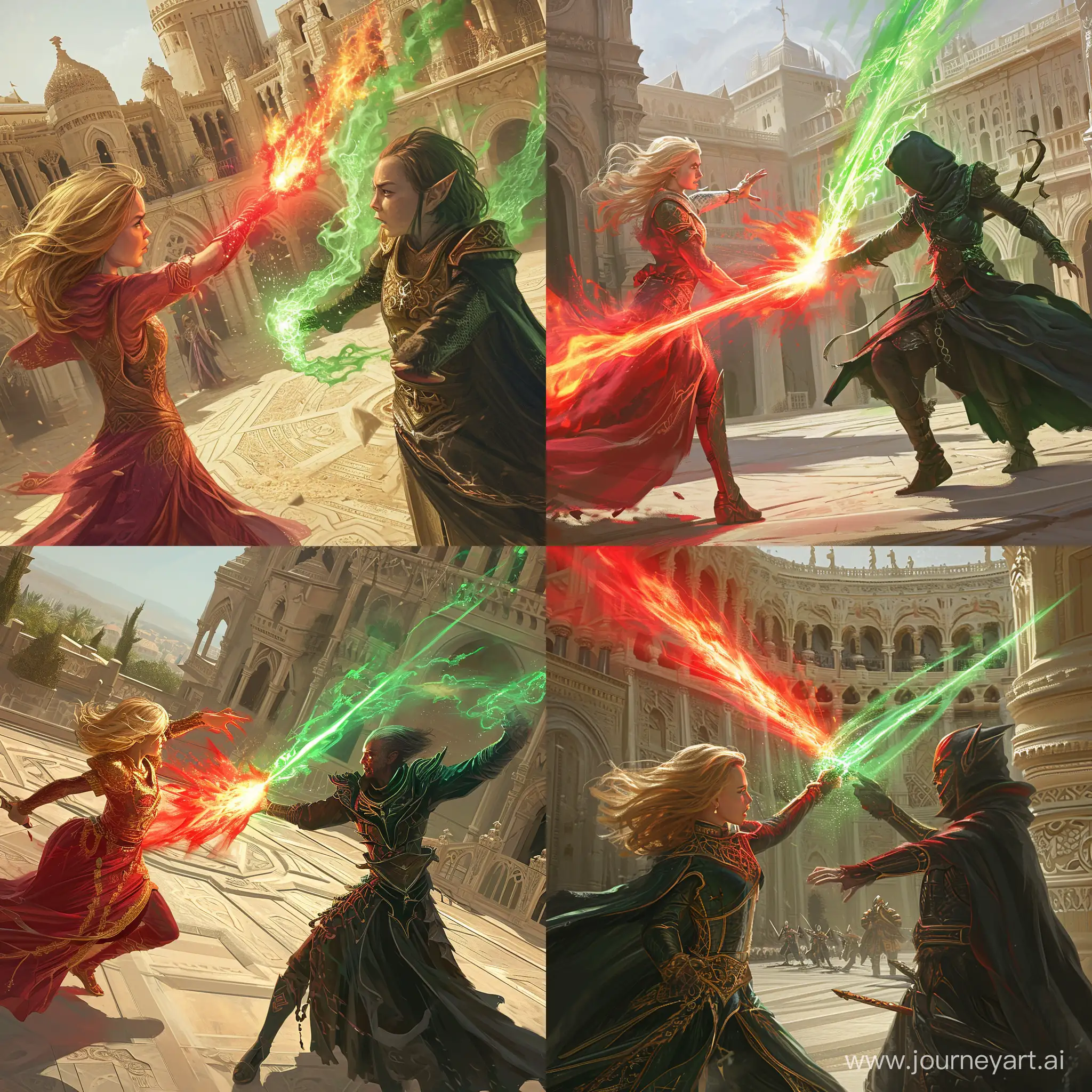 battle-mage princess with chin-length blonde hair, channelling a red fire spell at a dark wizard, the wizard is channelling a green fire spell back at the princess, the two forces meet at a point between them, outdoor ornate arena built of light stone, in the middle of a royal city, photorealistic, highly detailed