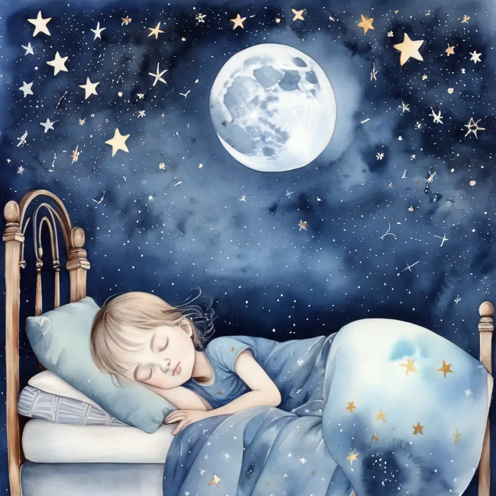 En måne med ett sovande barn , stjärnklar himmel, med vattenfärg 
