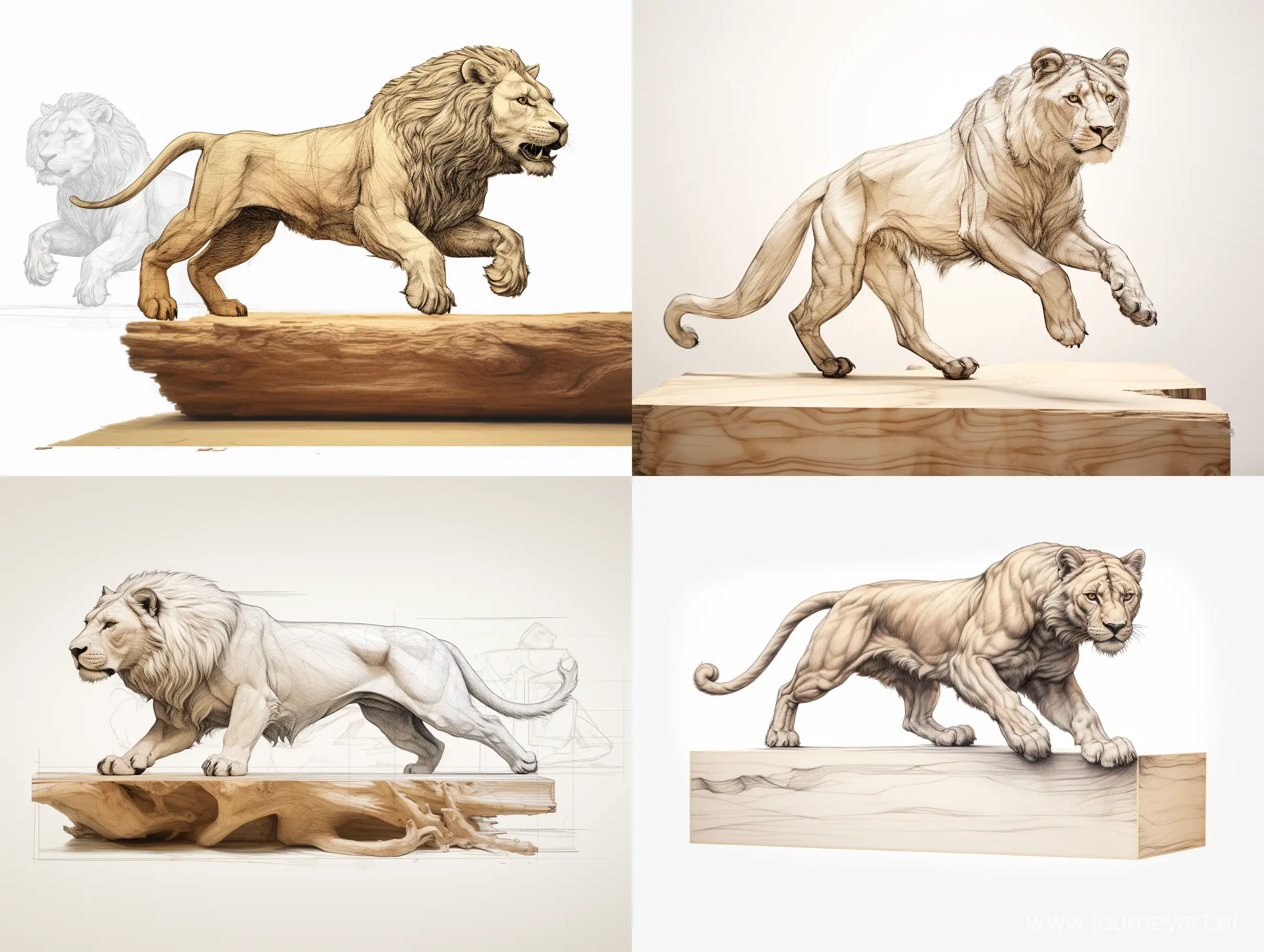 Professional wood carving sketch, life size Panthera leo in flight sitting on a large wooden cube, concept art, professional dynamic character, front, back and side view, wood carving, ready for battle 3d, white background, 8k render, ultra realistic