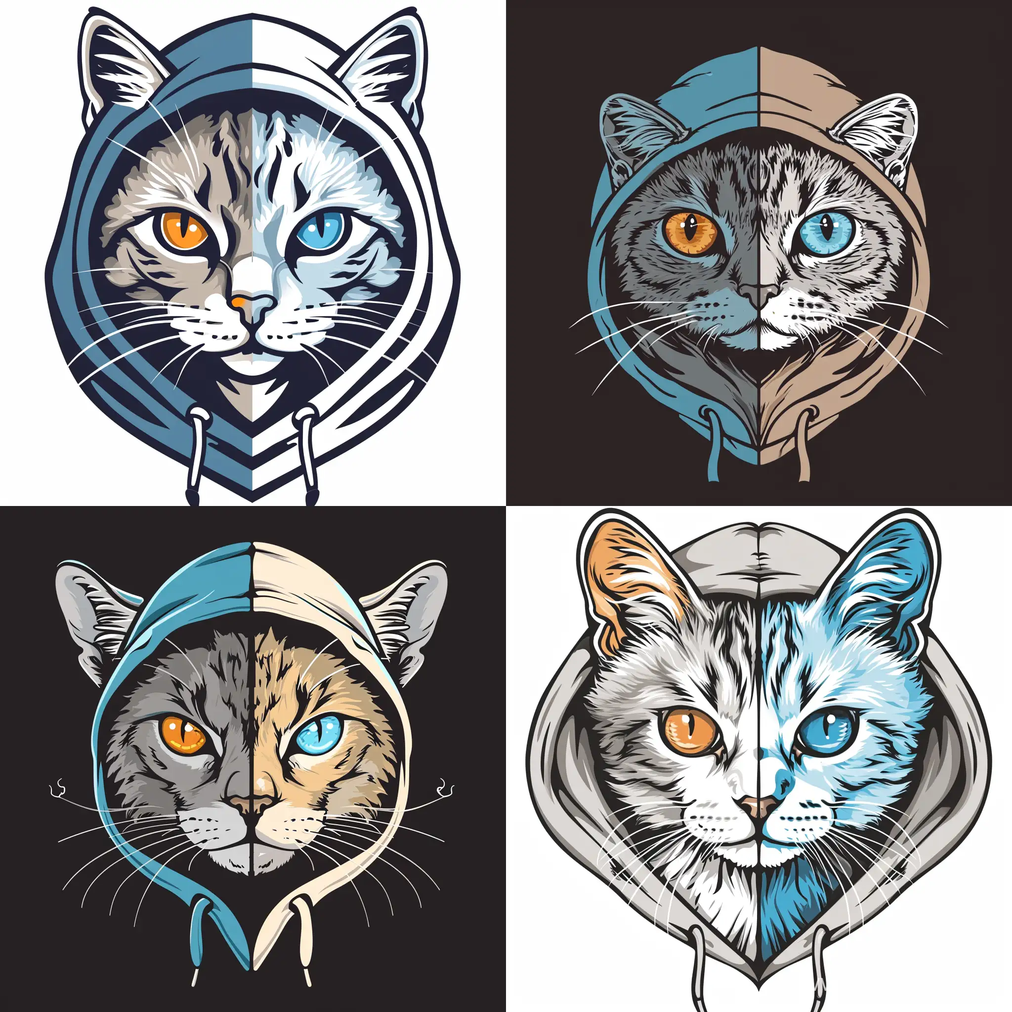 Create a logo of a cat with a symmetrical face – the left half featuring an amber-eyed, ears-drooping Scottish Fold Shorthair, and the right half showcasing a light blue-eyed British Shorthair Lynx Point wearing a hoodie