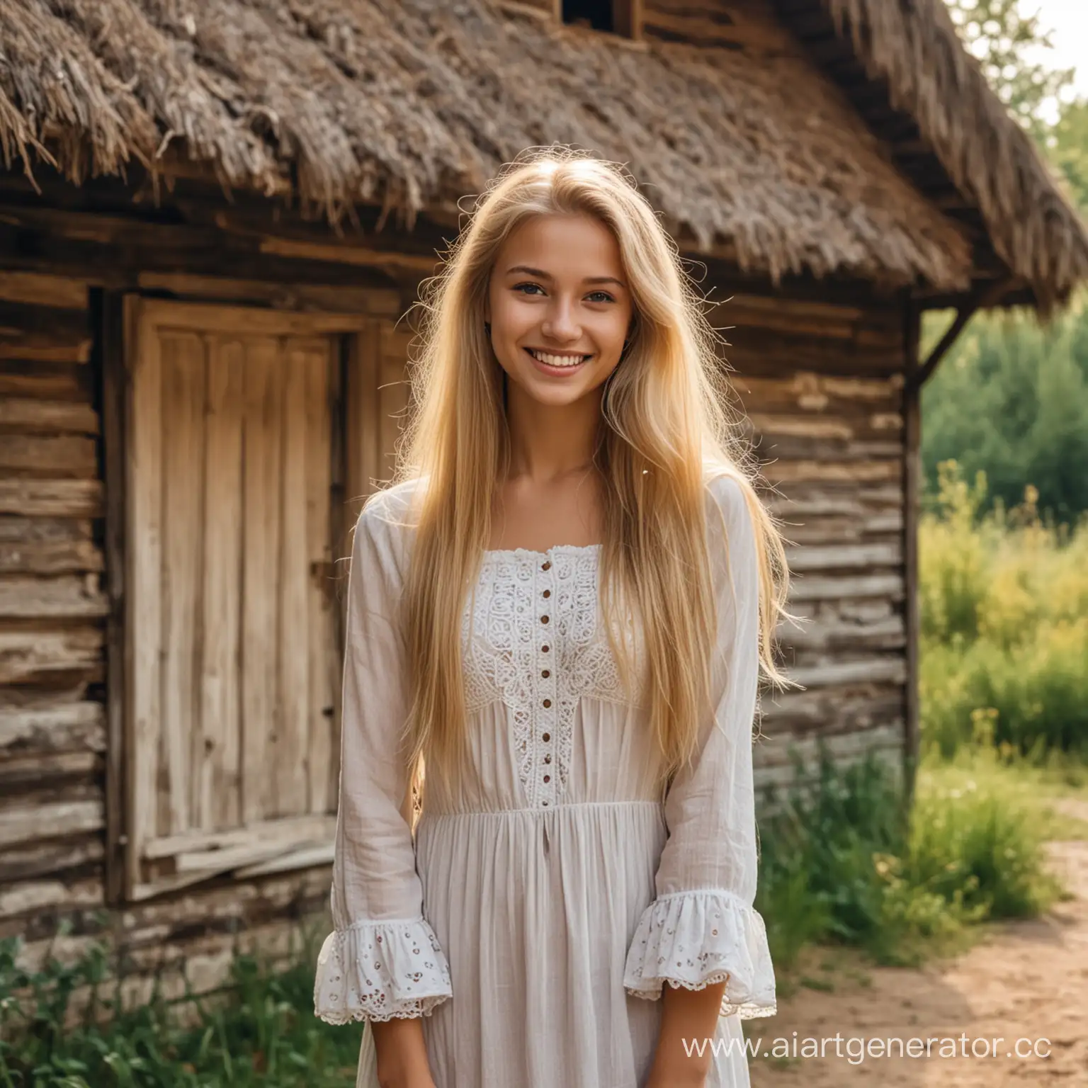 молодая, красивая девушка с длинными светлыми волосами, с милой улыбкой, в старом длинном одеянии, на фоне леса и старой избы