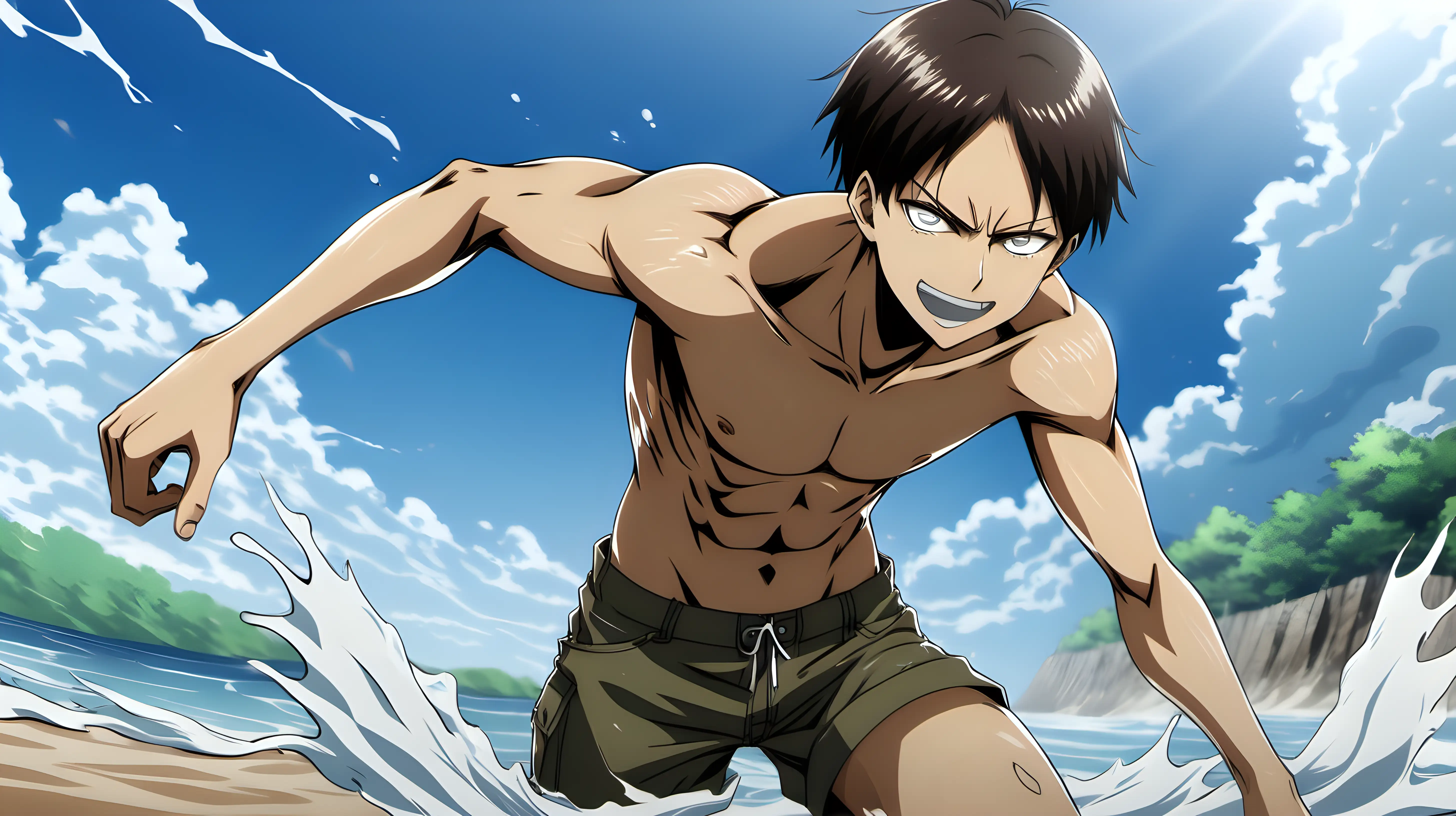 attack on tittan. Beach background. there is only one person in frame and thats Eren. he  is on the right side of the frame playing in the water soaked. The left side of the frame is blank except for the beach. He is wearing shorts with no top. he has a big smile on his face