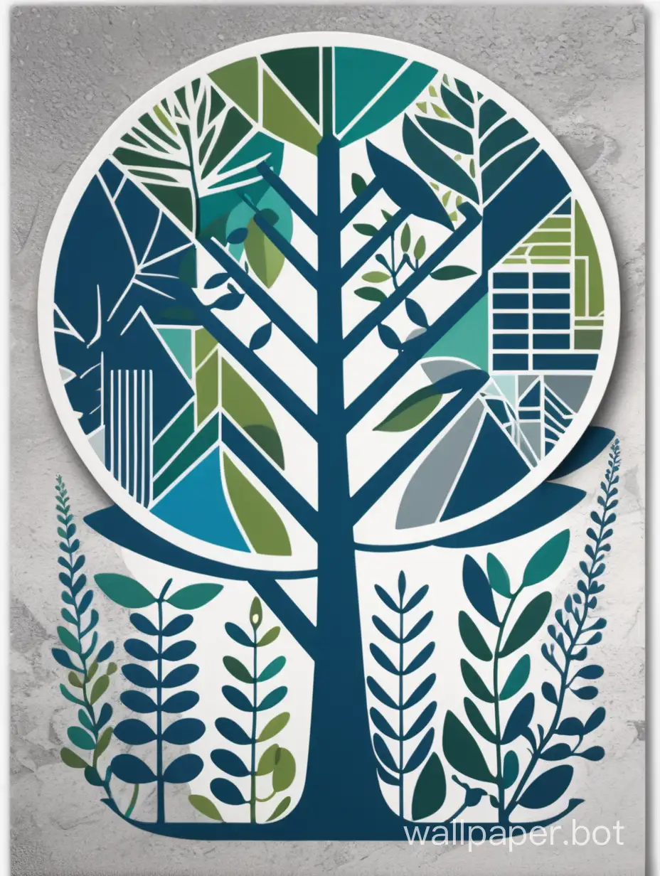 unique design, combines urban geometric lines with organic patterns, inspired by flora and fauna, stylized tree grows in the center, representing the harmony between urban development and environmental preservation. The colors chosen are an eclectic palette of urban tones, such as concrete gray, metallic blue and moss green, providing a modern and natural feel at the same time, sticker art, white background