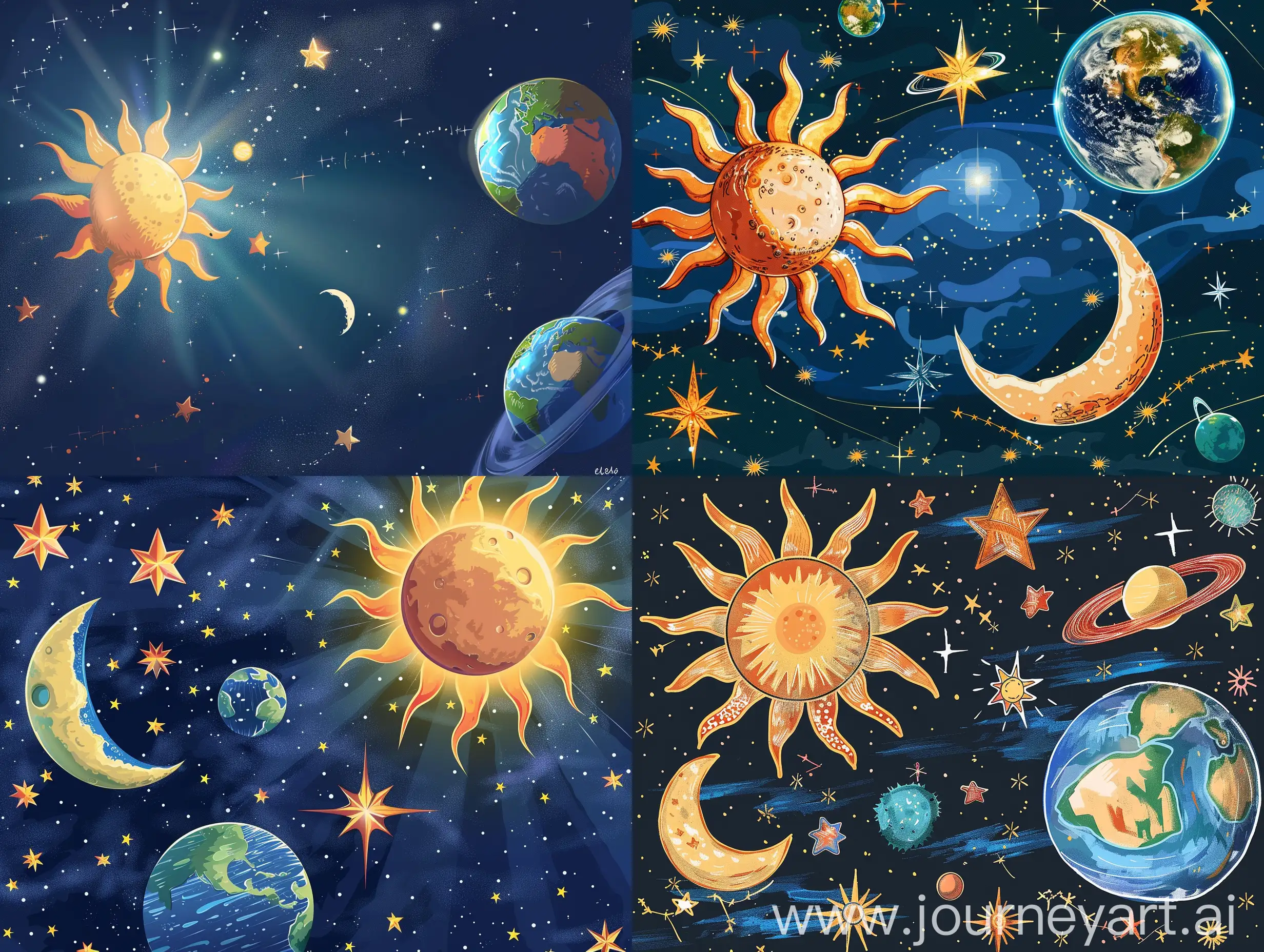 Sun, moon, earth and stars in space. Anime style.
