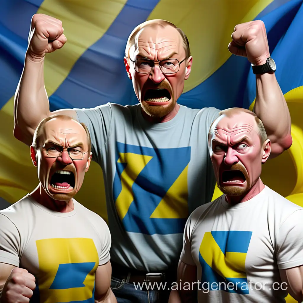 Злой и накаченный Путин в футболке, на которой нарисована буква Z дерется с тоже накаченным и злым Уолтером Уайтом, у которого на футболке флаг Украины и они враждуют