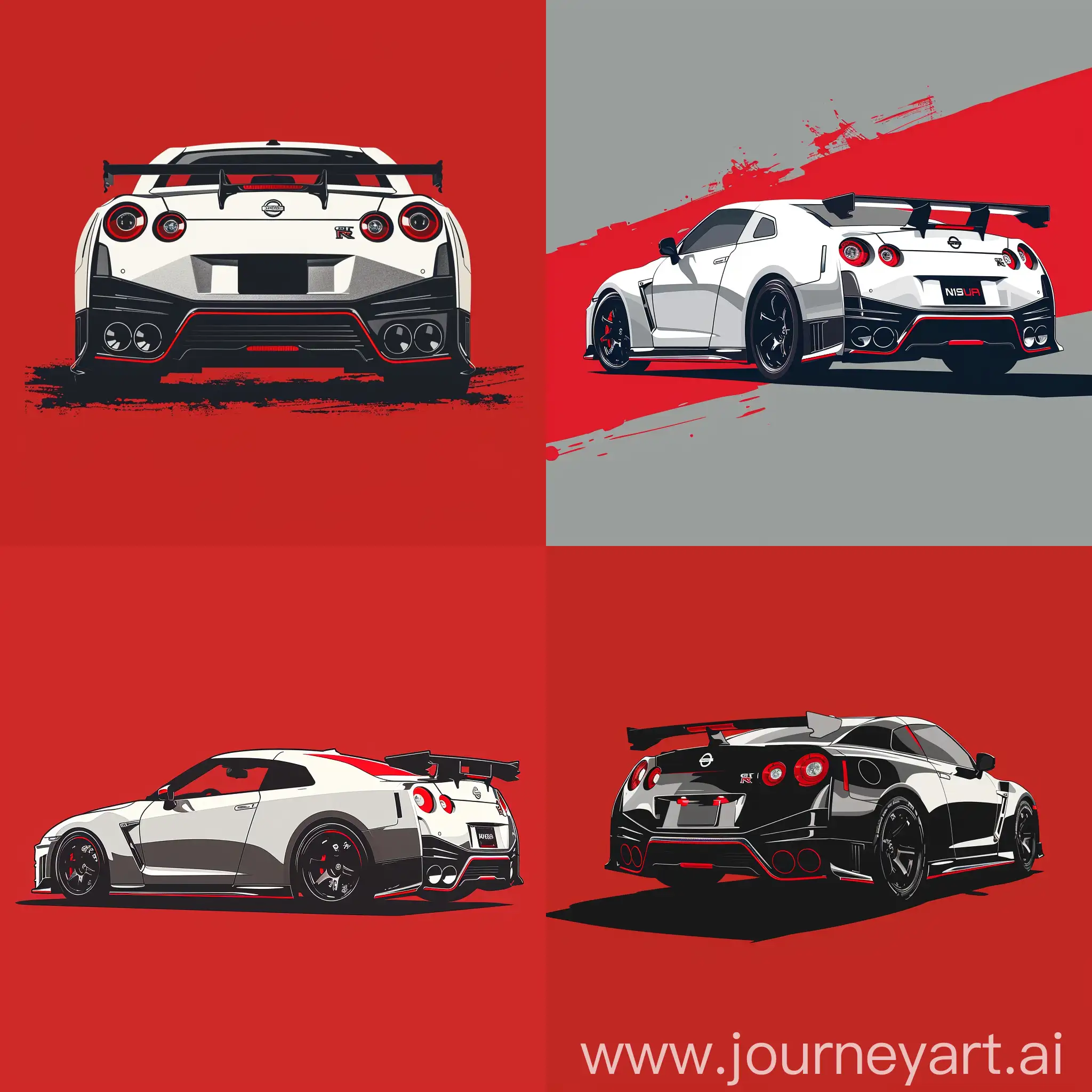 Nissan GTR R35 Nismo in minimalism 2D Art Style of 2/3 view, Monochrome and Red background