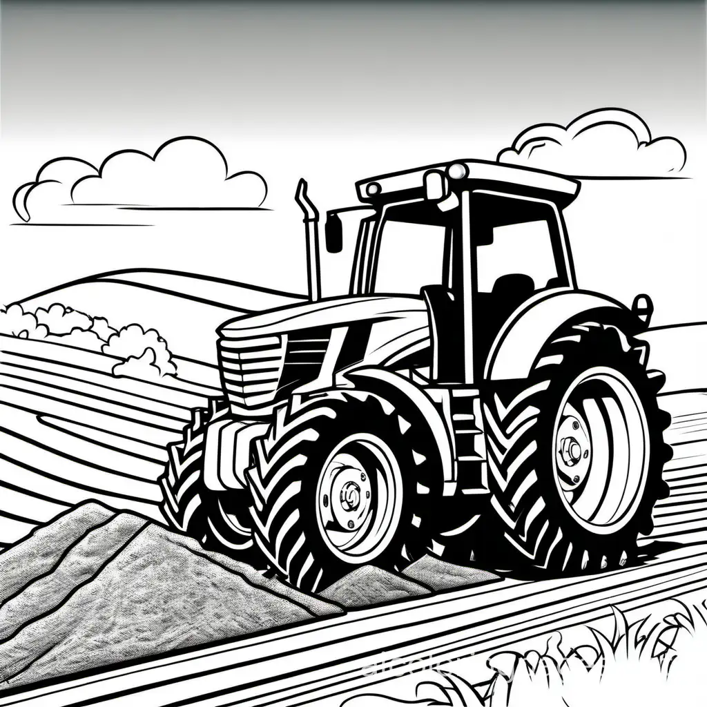 coloring page tractor pushing dirt on road, Coloring Page, black and white, line art, white background, Simplicity, Ample White Space. The background of the coloring page is plain white to make it easy for young children to color within the lines. The outlines of all the subjects are easy to distinguish, making it simple for kids to color without too much difficulty
