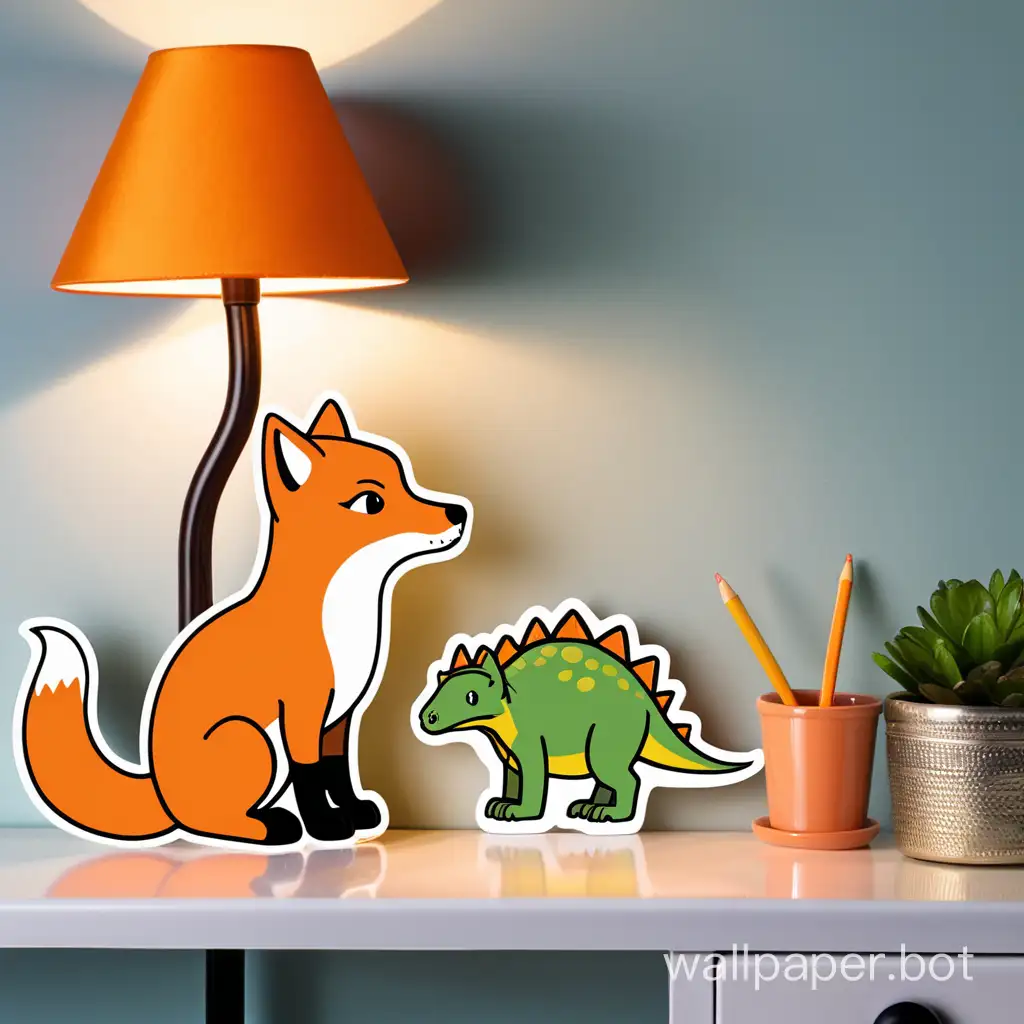 fox, dinosaur, table, lamp, sticker