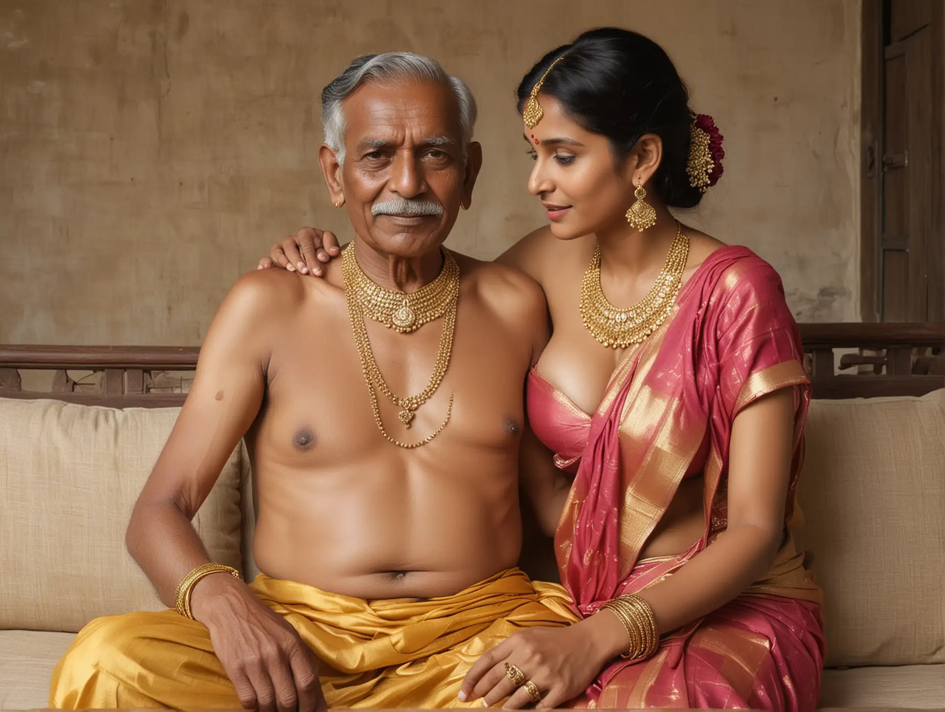 a large round breast full naked Indian woman wearing sari and gold jewelries sitting on lap of old man