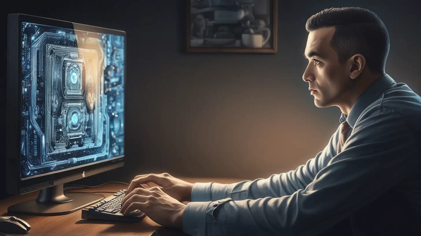 Focused Man Watching Computer Screen in 1920x1080 Resolution