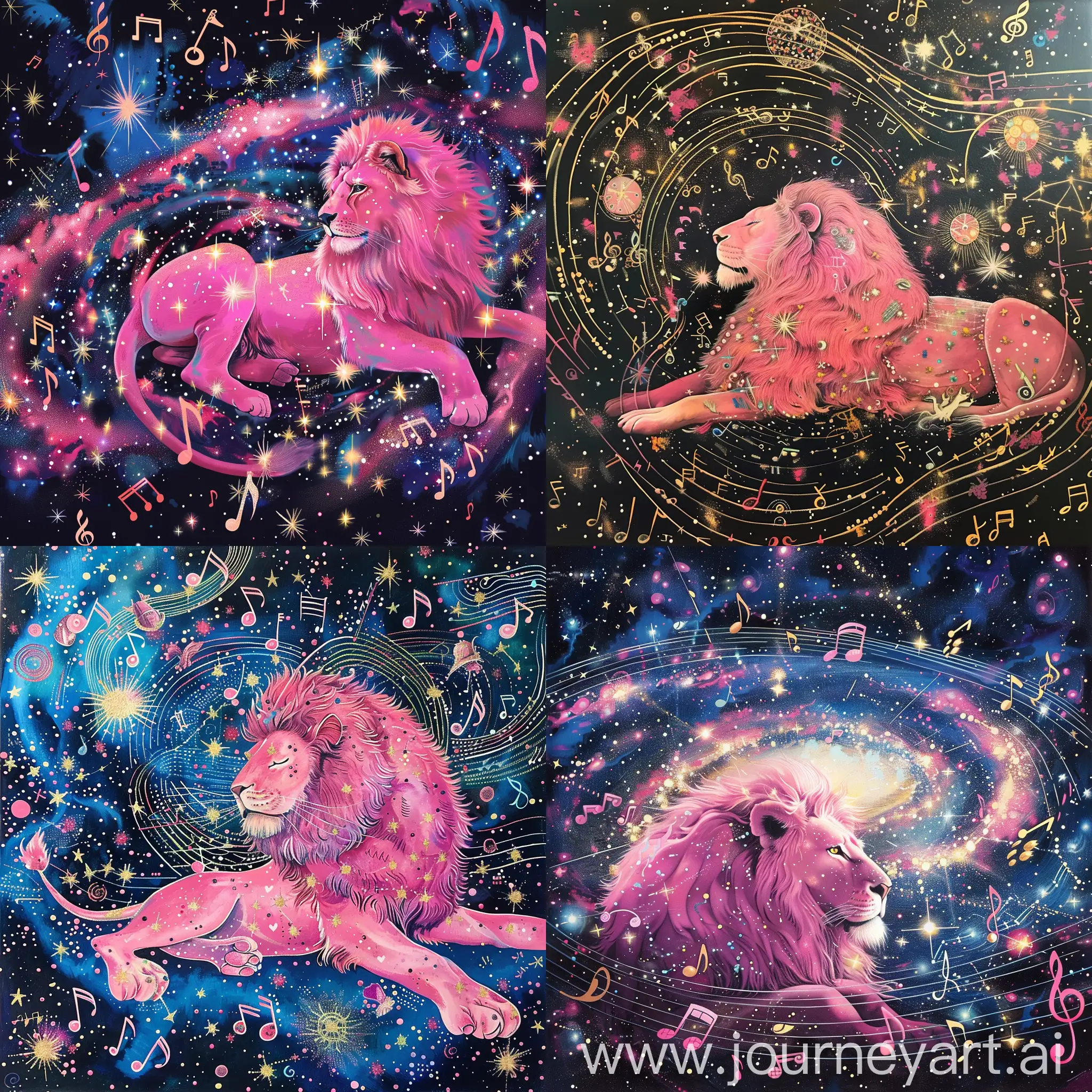 A pink lion, in a galaxy, is surrounded by many stars and musical notes.