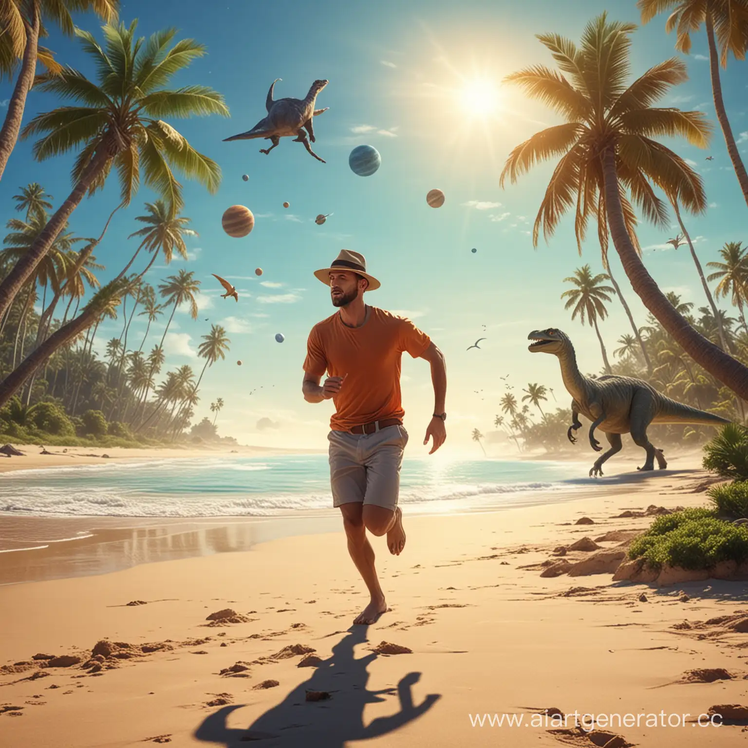 человек в шляпе бежит по пляжу, море, пальмы, динозавры, планеты