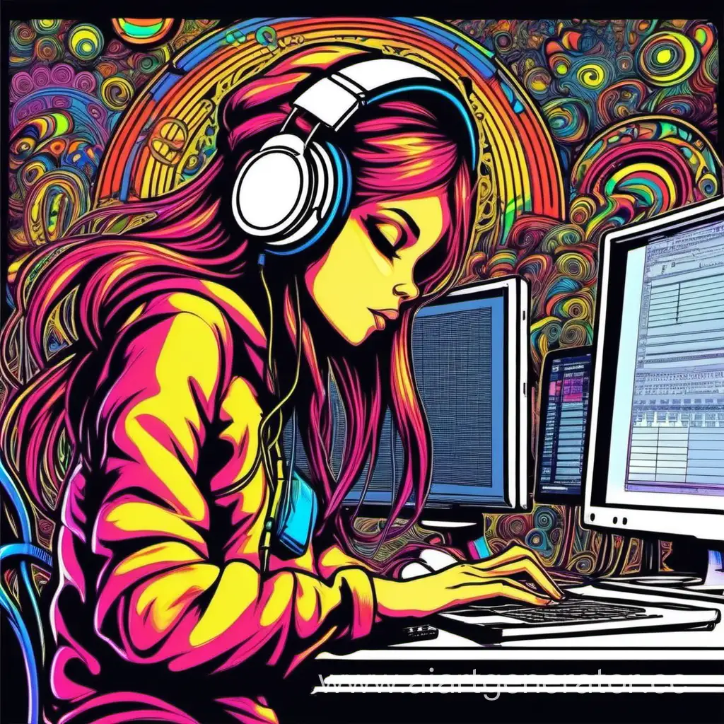2д,психоделика,девушка пишет музыку в кепке и в наушниках за компьютером