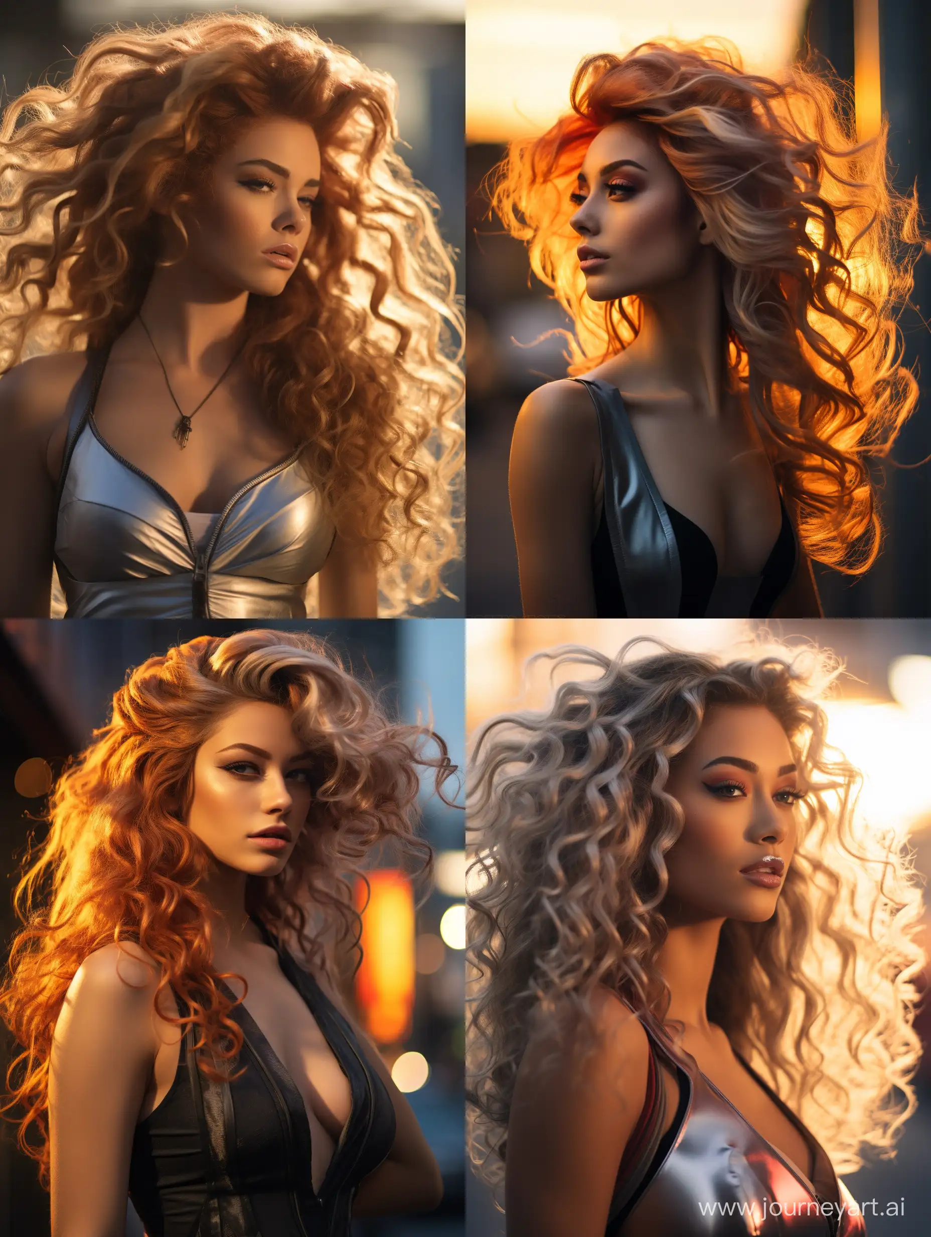 A beautiful Cyberpunk Woman with long gold curl hair, Canon EOS 5D Mark IV, 940mm, ISO 100, Shutter Speed 1/1000, Aperture f/1.8 with the Sun in background