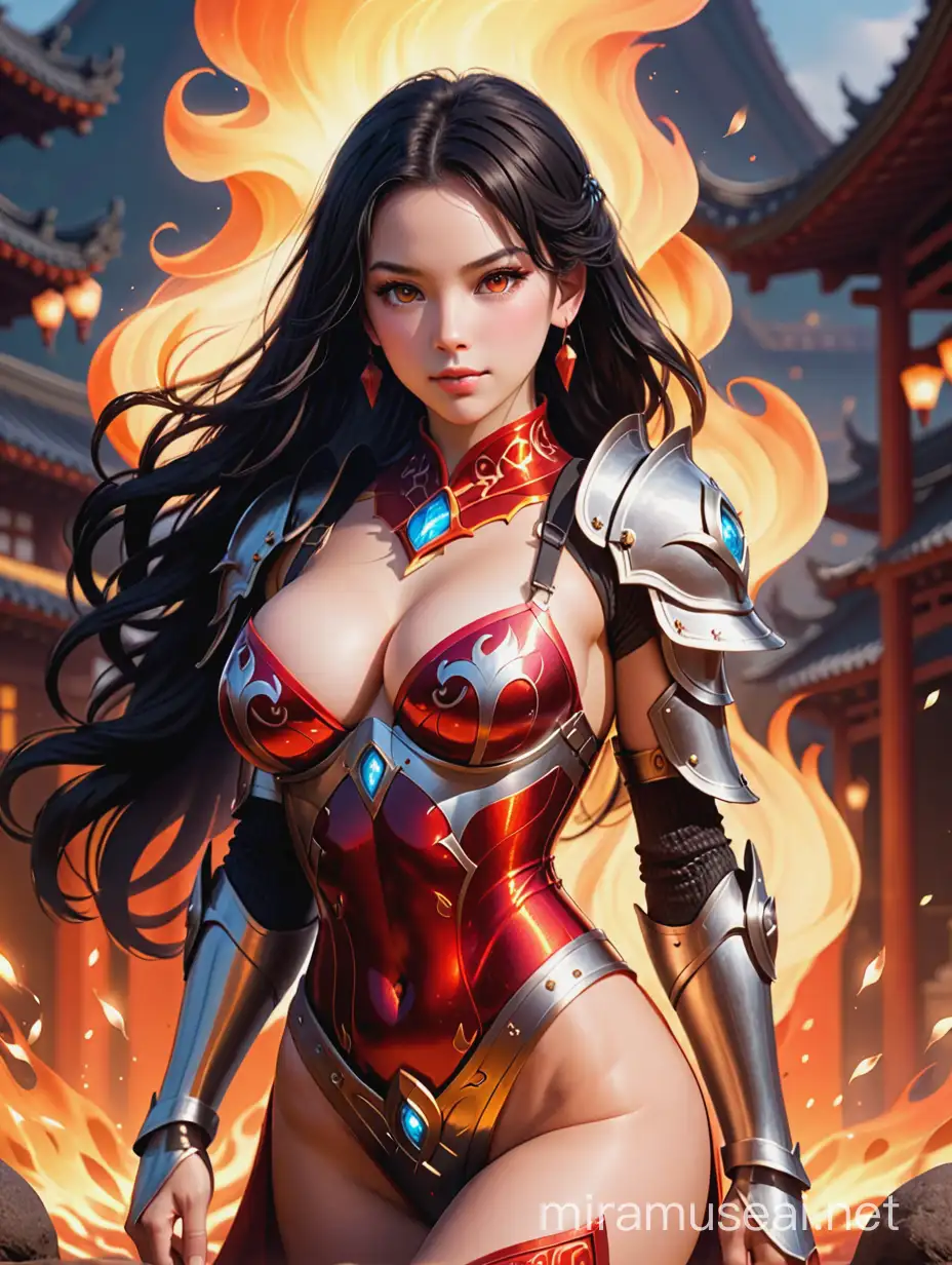 elegant red aromor with fire particles surrounding the armor, black hair, light skin, red burning shine eyes, sexy, fire background, medium breasts, (cleavage), 1 girl

(beautiful scenery),(perfect face)

 <lora:beautiful_detailed_eyes:0.3>, midjourney, <lora:midjourney:0.5>, <lora:give_it_a_name:0.4>, <lora:betterLight_v10:0.5>, <lora:fairycore:0.2>, , <lora:GoodHands-beta2:0.2>, <lora:sam_yang_offset_right_filesize:0.5>, ((fire theme)), , azula