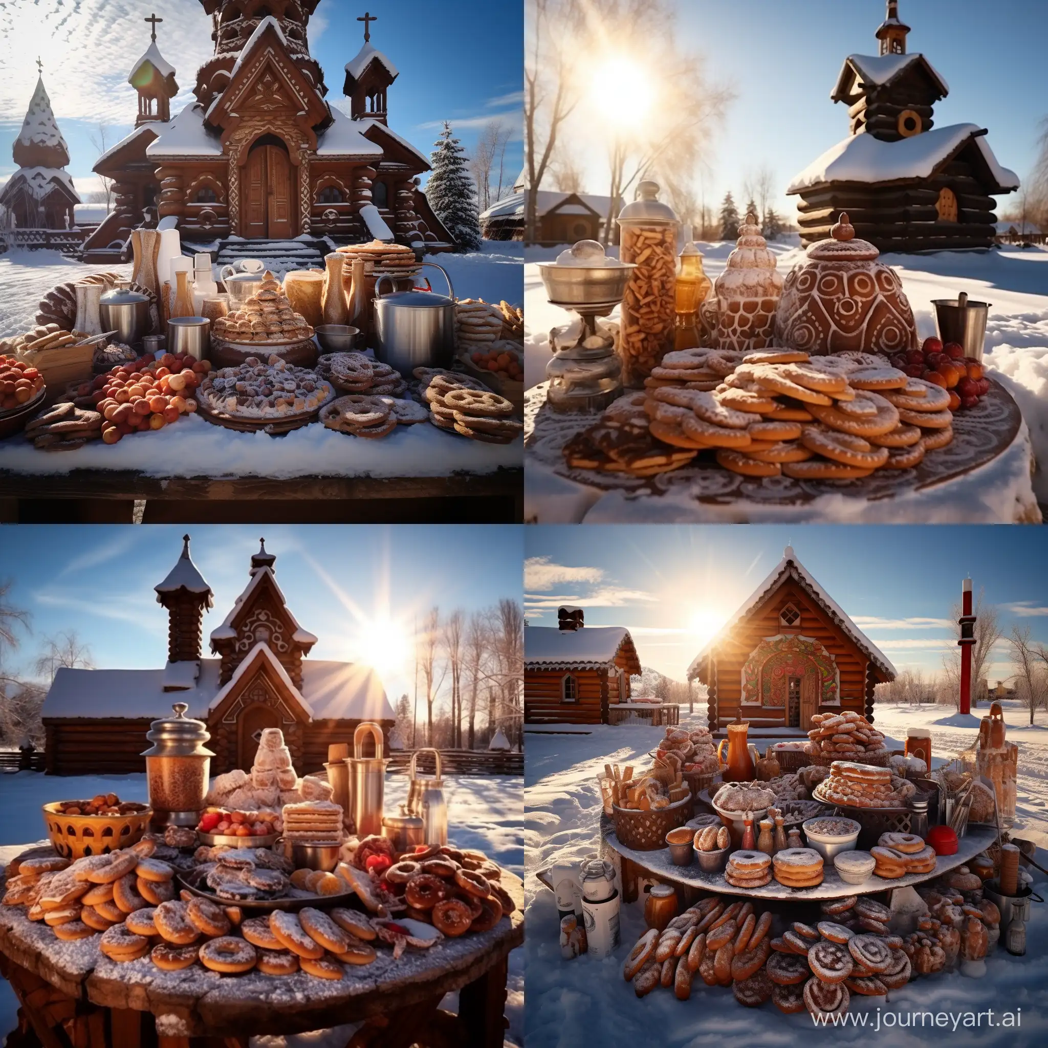 Russian-Winter-Delicacies-Displayed-in-Front-of-Wooden-Church