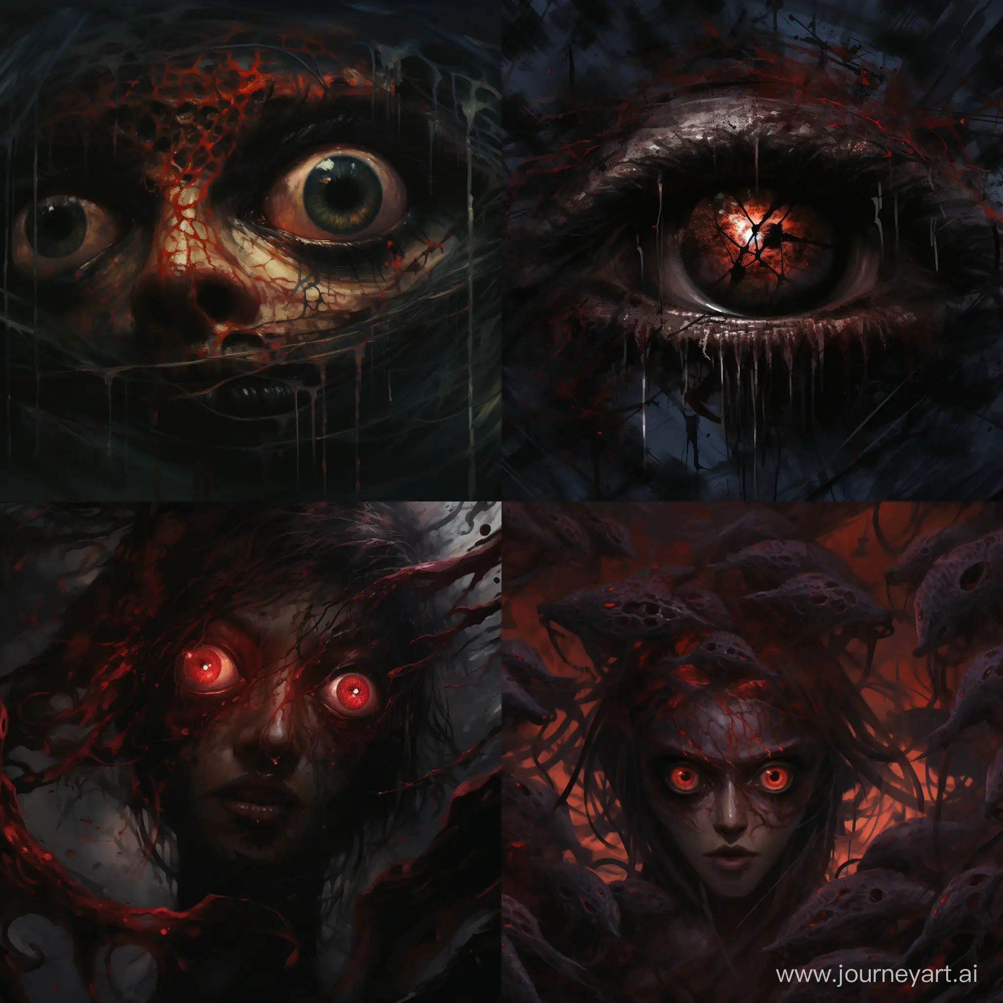 Eldritch eyes, bloody eyes, looking down at a person, eyes inside the dark looking at someone