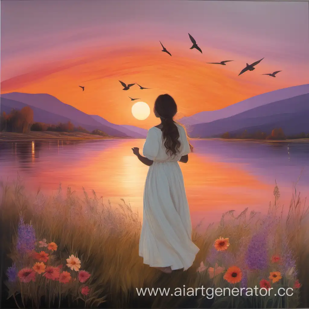 Tranquil-Sunset-Landscape-with-Solitary-Girl-Holding-Wildflowers