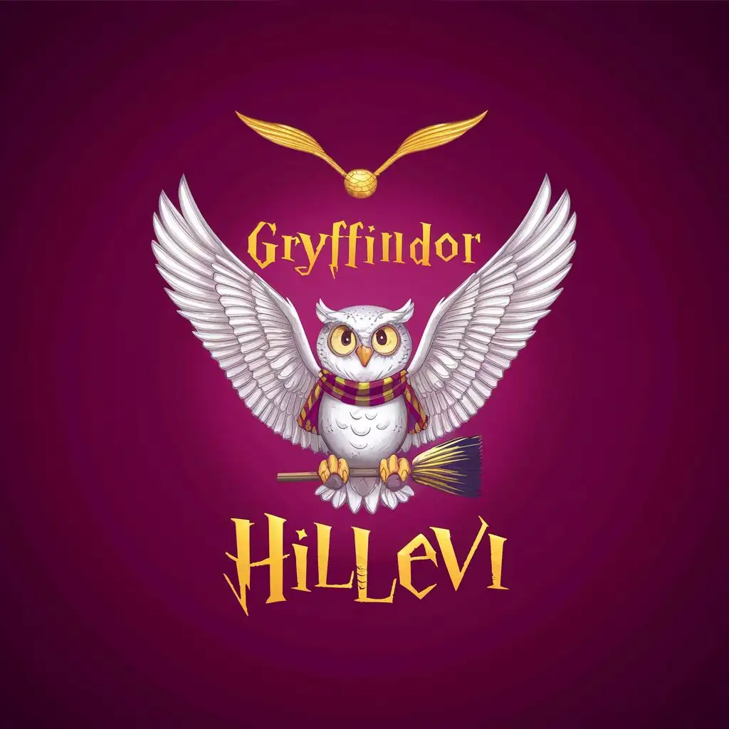logo, cute Owl Hedwig with a yellow beak, claws holding a broom, with a flowing Gryffindor scarf and a golden snitch above the head, white background, with the text "Hillevi", typography