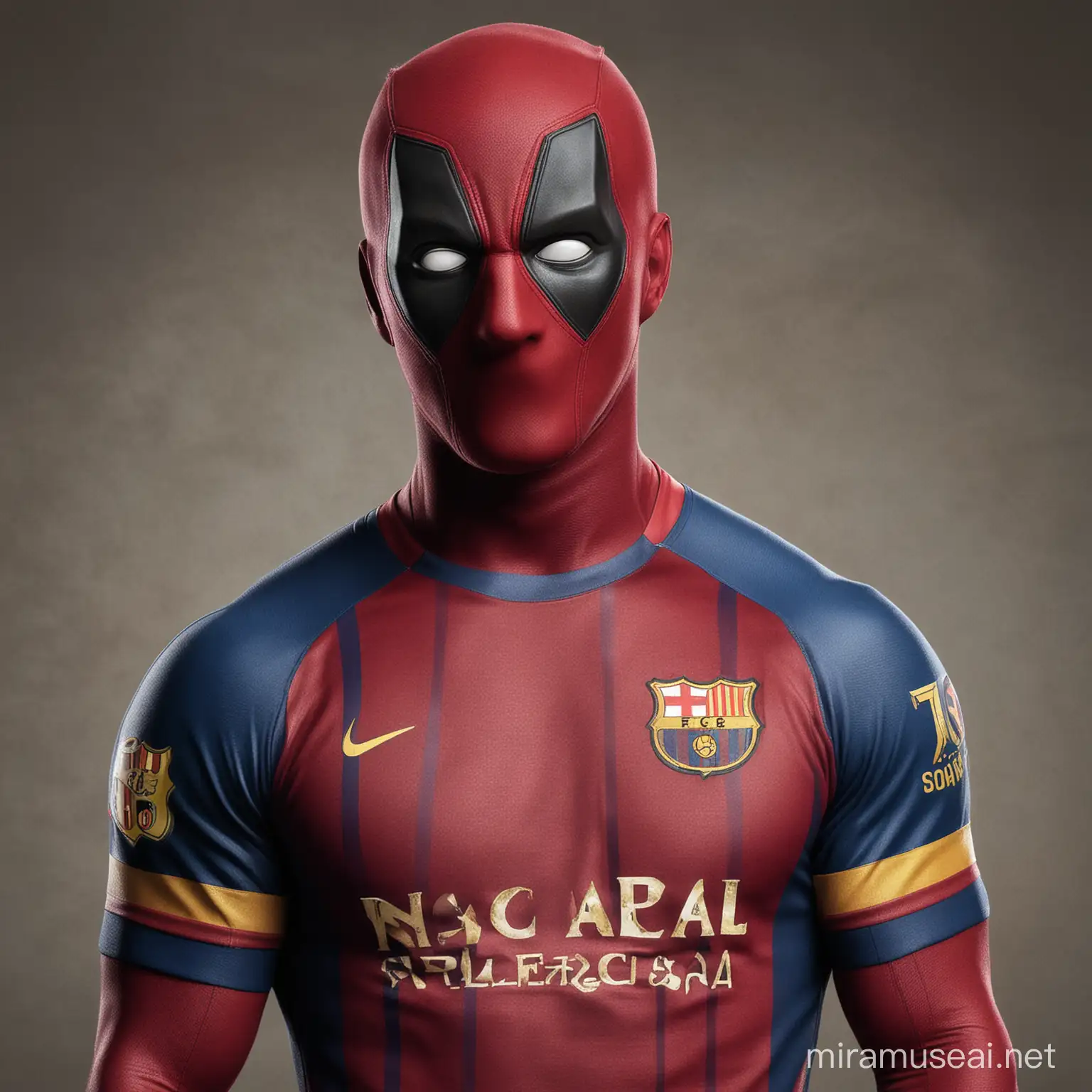 Deadpool wearing 2015 FC Barcelona jersey normal human size with mask on 