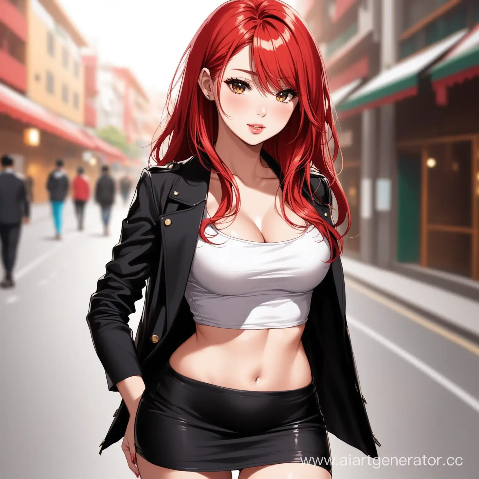 Очень красивая девушка сексуальная  красные волосы в мини юбке