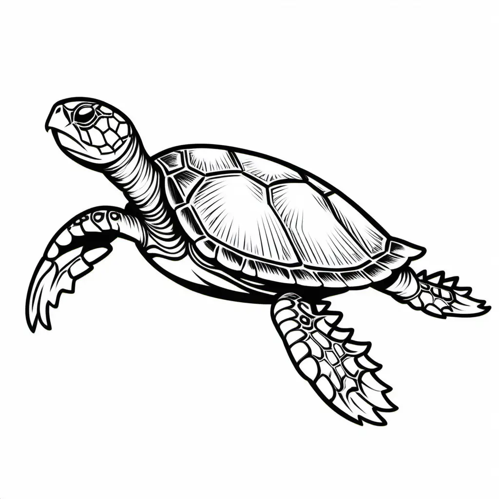 A cartoon illustration in black and white line art, of  a 	sea turtle. The style is cute Disney with soft lines and delicate shading. Coloring Page, black and white, line art, white background, Simplicity, Ample White Space. The background of the coloring page is plain white to make it easy for young children to color within the lines. The outlines of all the subjects are easy to distinguish, making it simple for kids to color without too much difficulty, Coloring Page, black and white, line art, white background, Simplicity, Ample White Space. The background of the coloring page is plain white to make it easy for young children to color within the lines. The outlines of all the subjects are easy to distinguish, making it simple for kids to color without too much difficulty