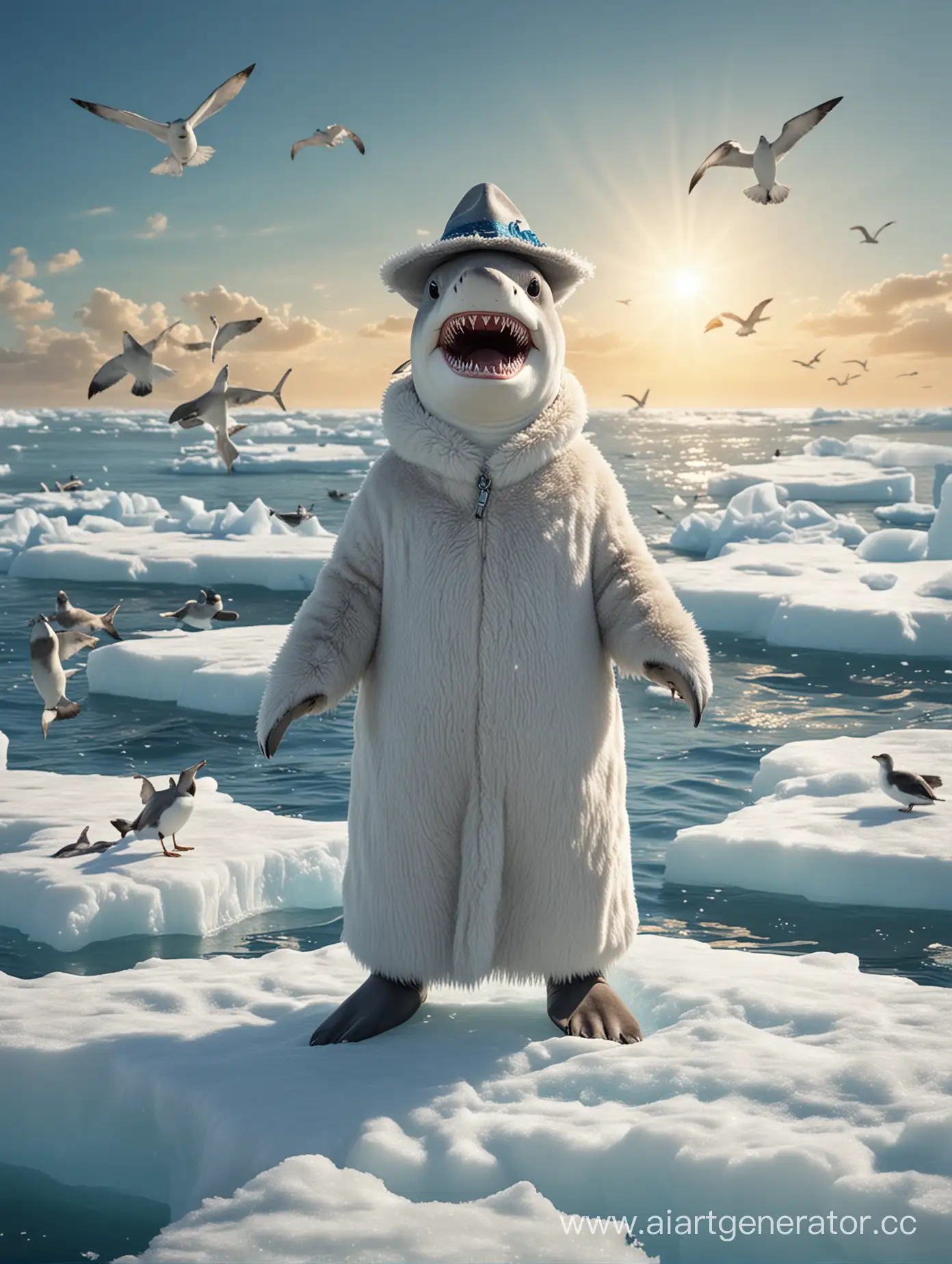 Белая гуманоидная акула в меховой шубе и шапке стоит на льдине посреди синего моря и улыбается, а в небе светит солнце и летают чайки