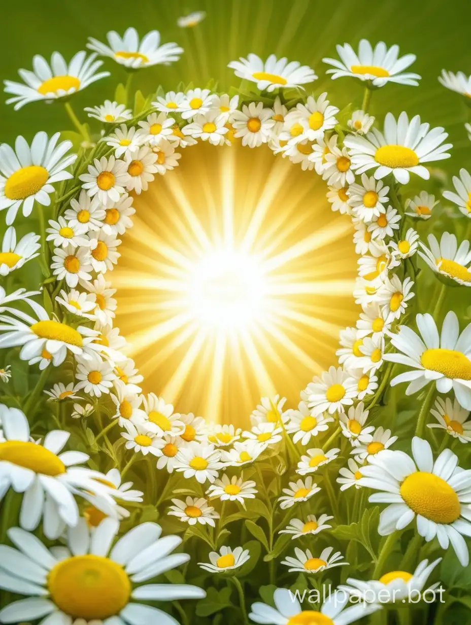 The sun gently smiles at the children, the sun has a wreath of small daisies above its head... Rays are coming from the sun to the children