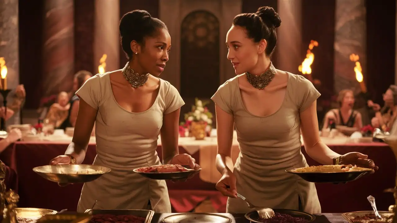 Two attractive Sister slave woman, wearing short sleeve tunics, and slave chokers, talking to each other, as they serve food at the Roman banquet 
