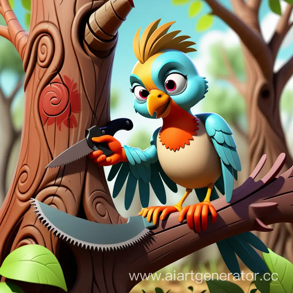 Vibrant-Bird-Crafting-with-a-Saw-on-a-Tree