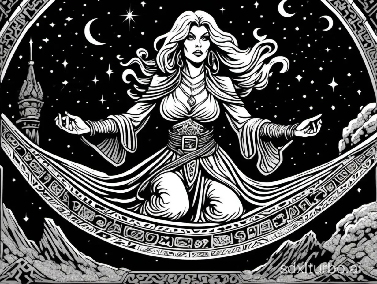 line art of a beautiful sorceress, riding a magic carpet, at night, close up, 1bit bw, style of 1979 Dungeons and Dragons, by David C. Sutherland III,